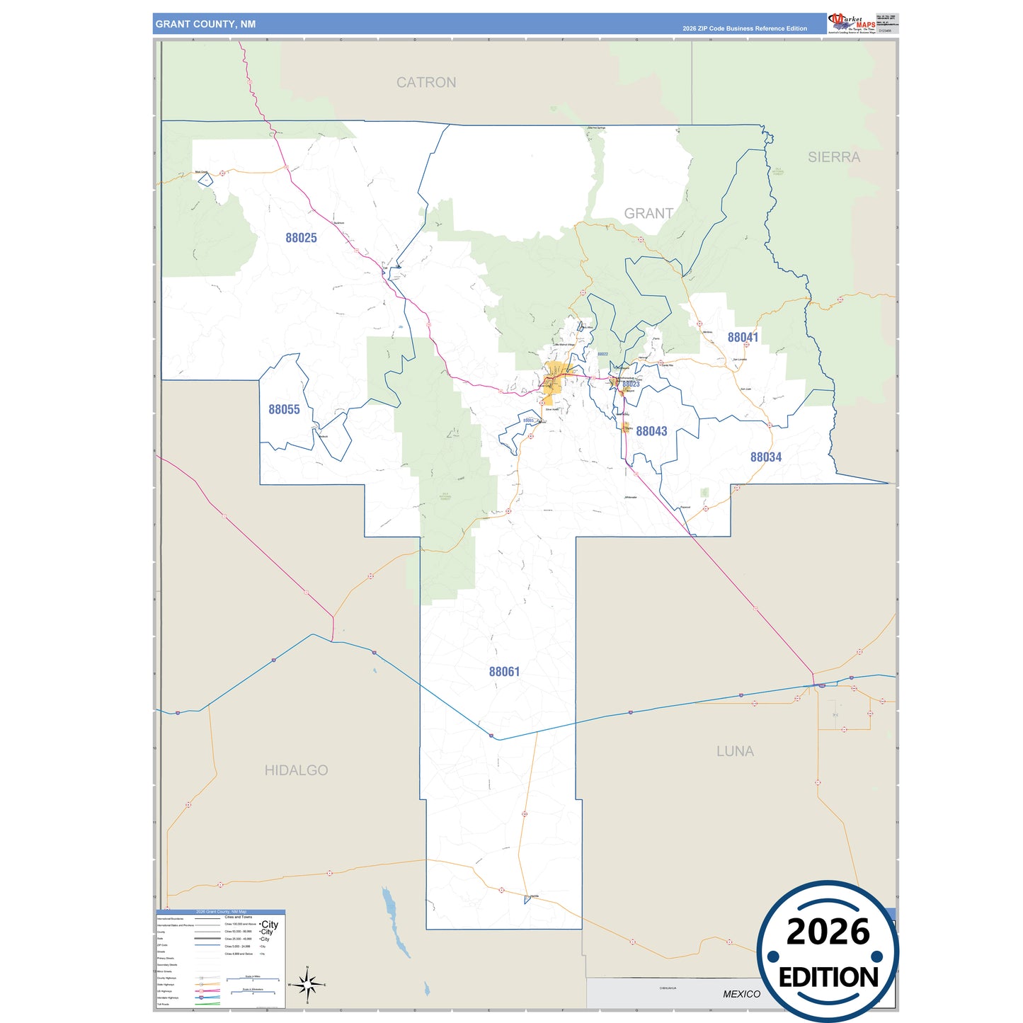Grant County, NM Business Reference 5 Digit ZIP Code Wall Map