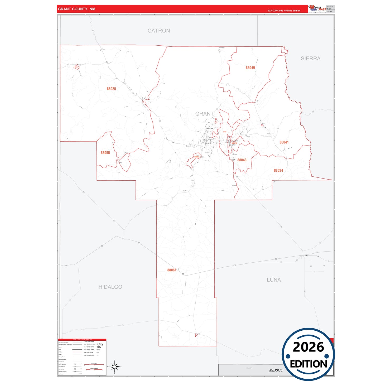 Grant County, NM Red Line 5 Digit ZIP Code Wall Map