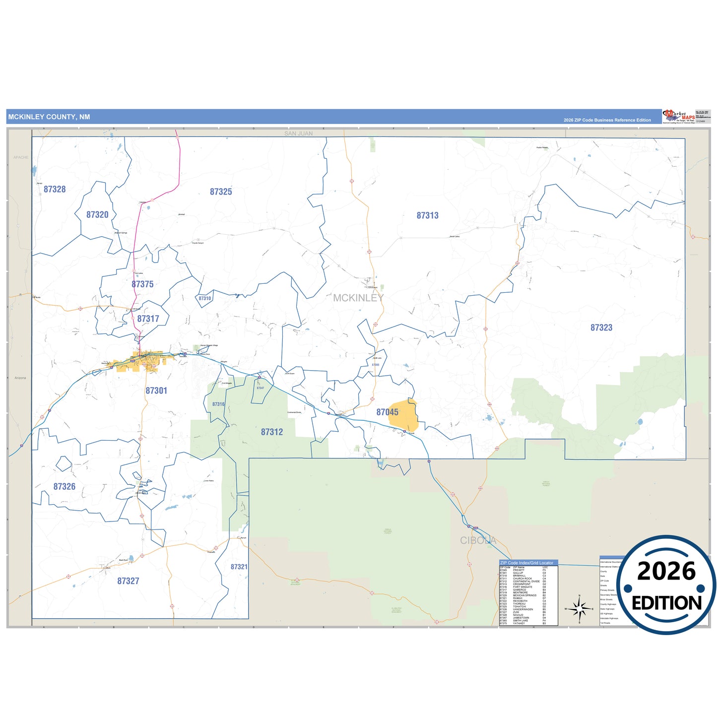 Mckinley County, NM Business Reference 5 Digit ZIP Code Wall Map