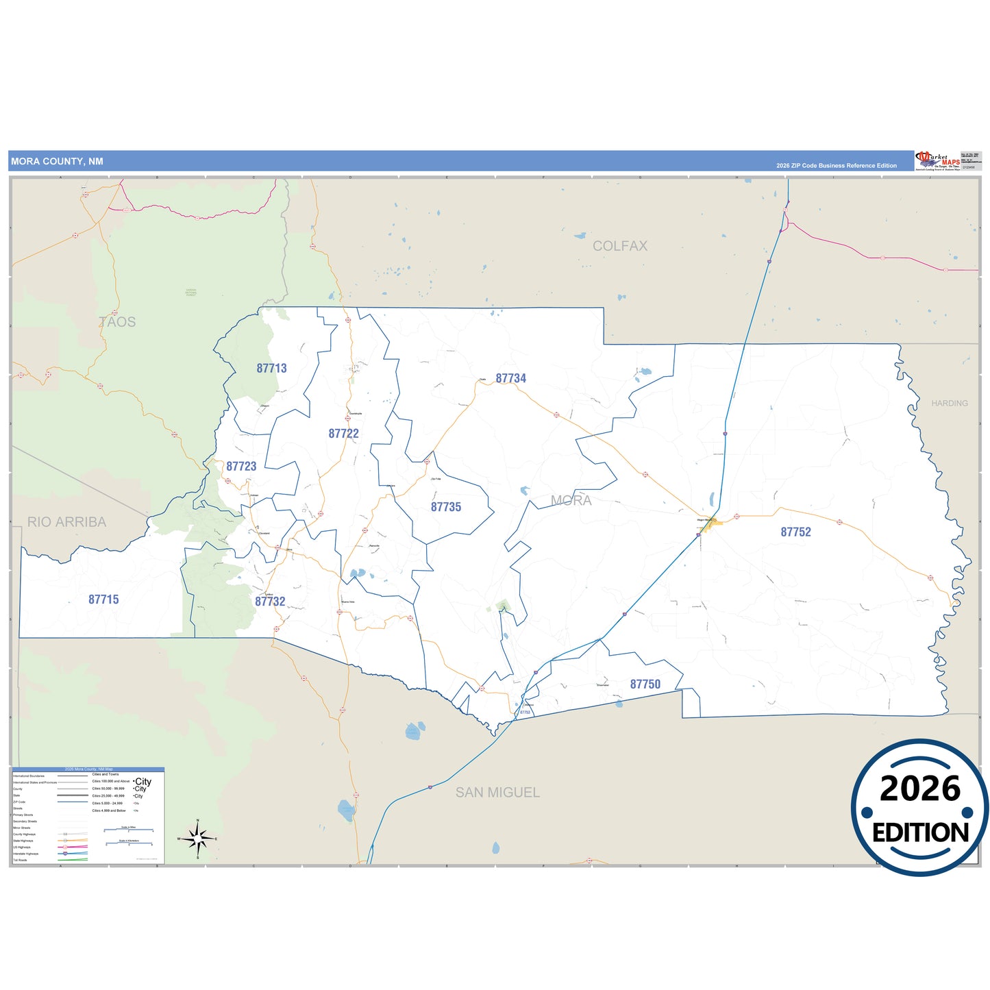 Mora County, NM Business Reference 5 Digit ZIP Code Wall Map