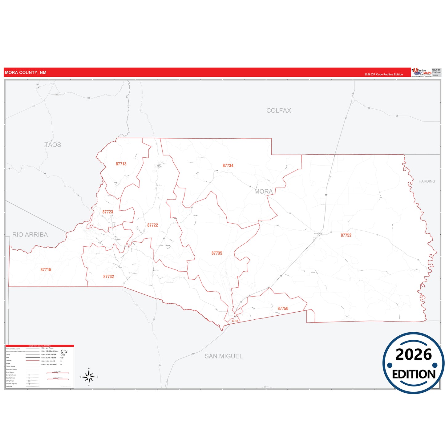 Mora County, NM Red Line map with detailed roads, cities, and ZIP code boundaries.