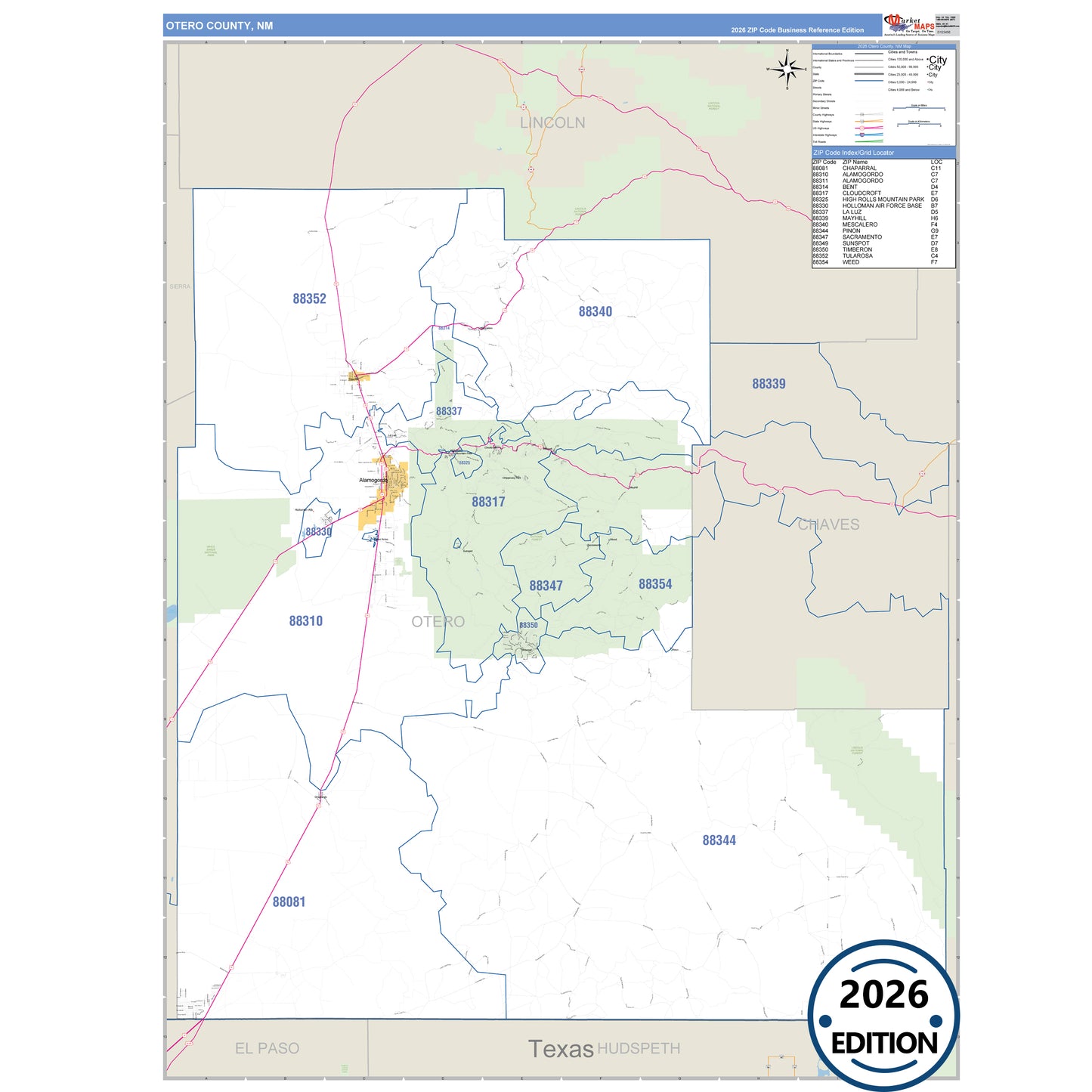 Otero County, NM Business Reference 5 Digit ZIP Code Wall Map