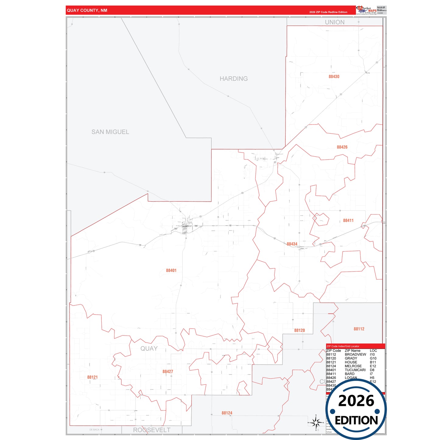 Quay County, NM Red Line 5 Digit ZIP Code Wall Map