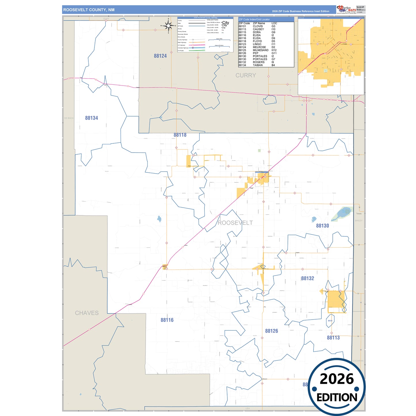 Roosevelt County, NM Business Reference 5 Digit ZIP Code Wall Map