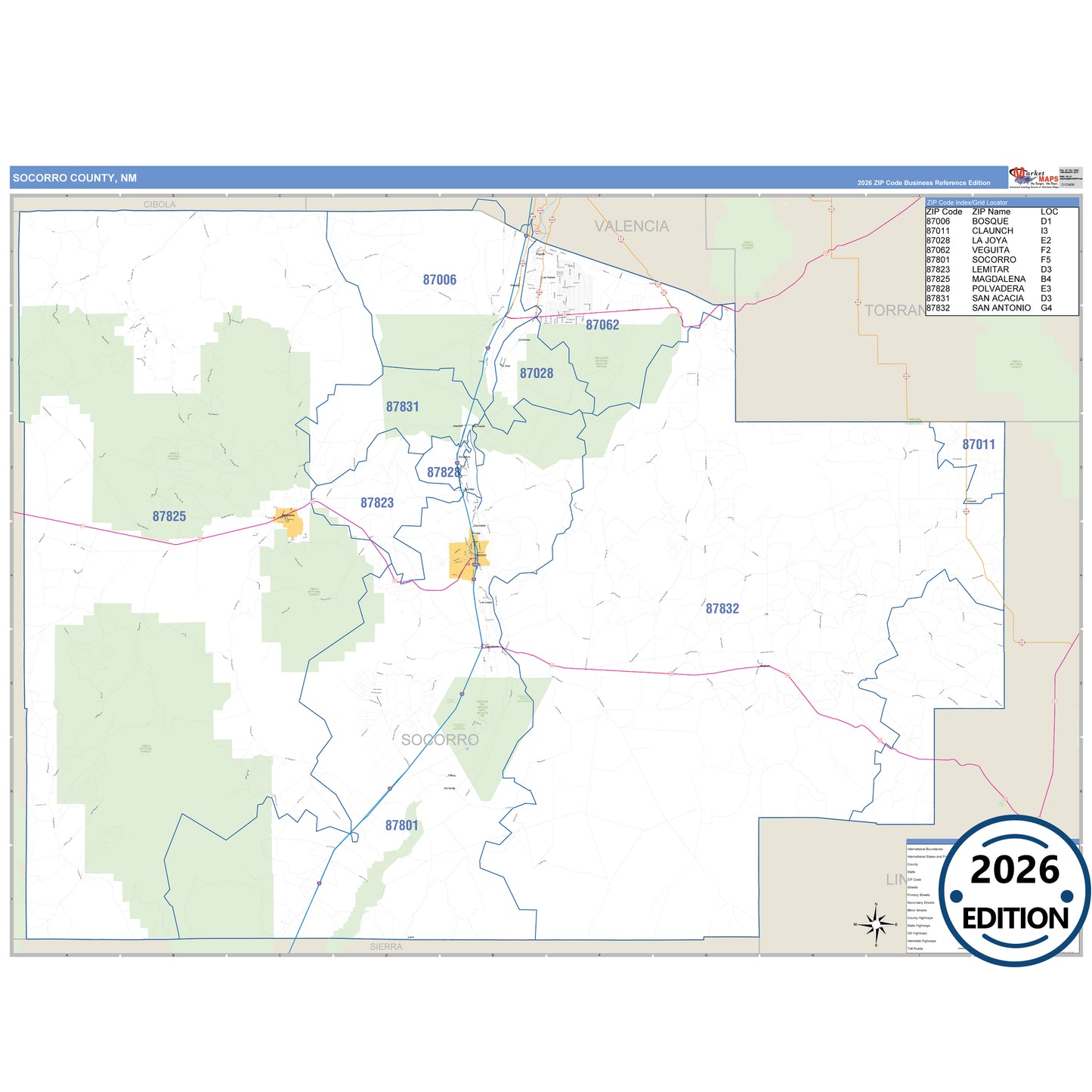 Socorro County, NM Business Reference 5 Digit ZIP Code Wall Map