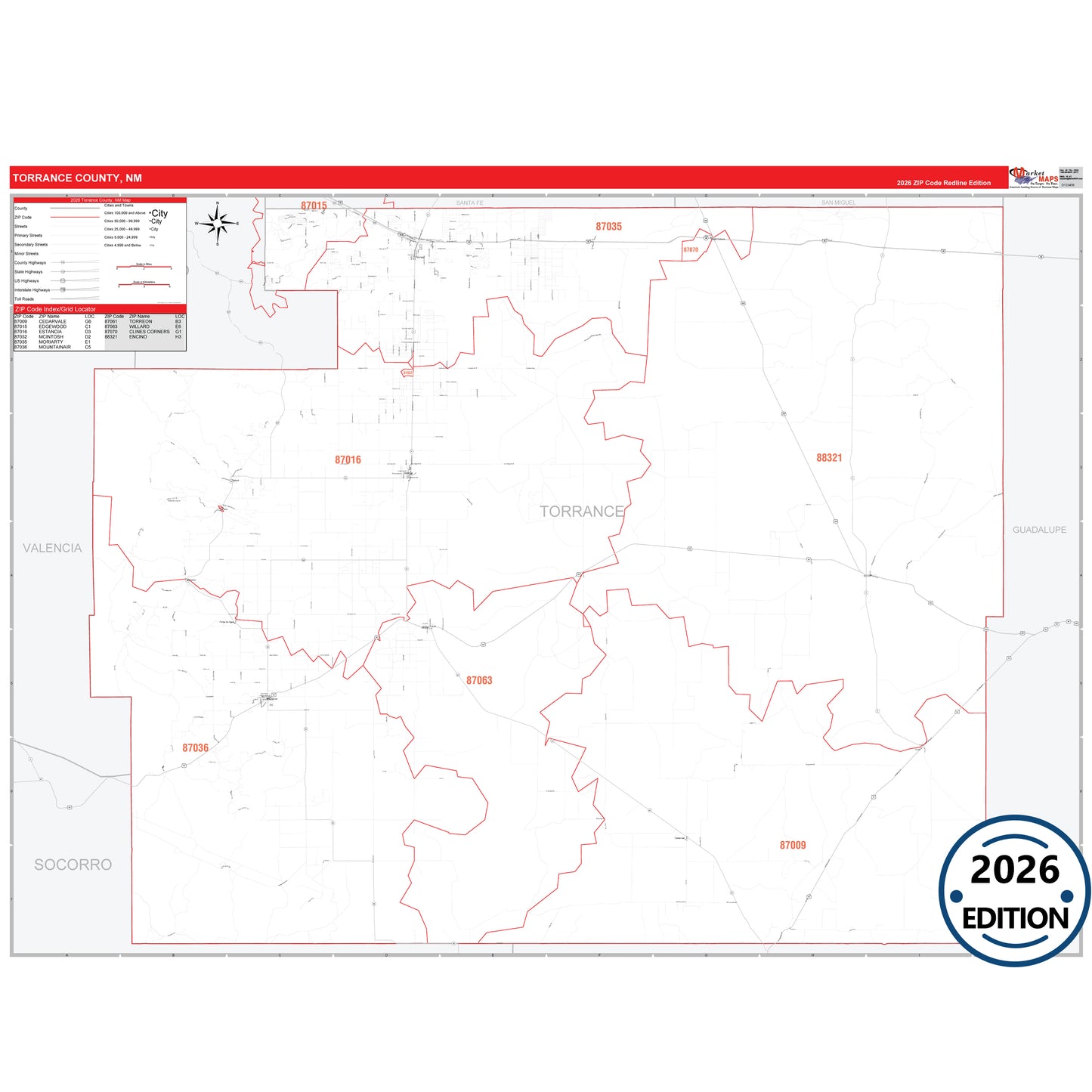 Torrance County, NM Red Line 5 Digit ZIP Code Wall Map