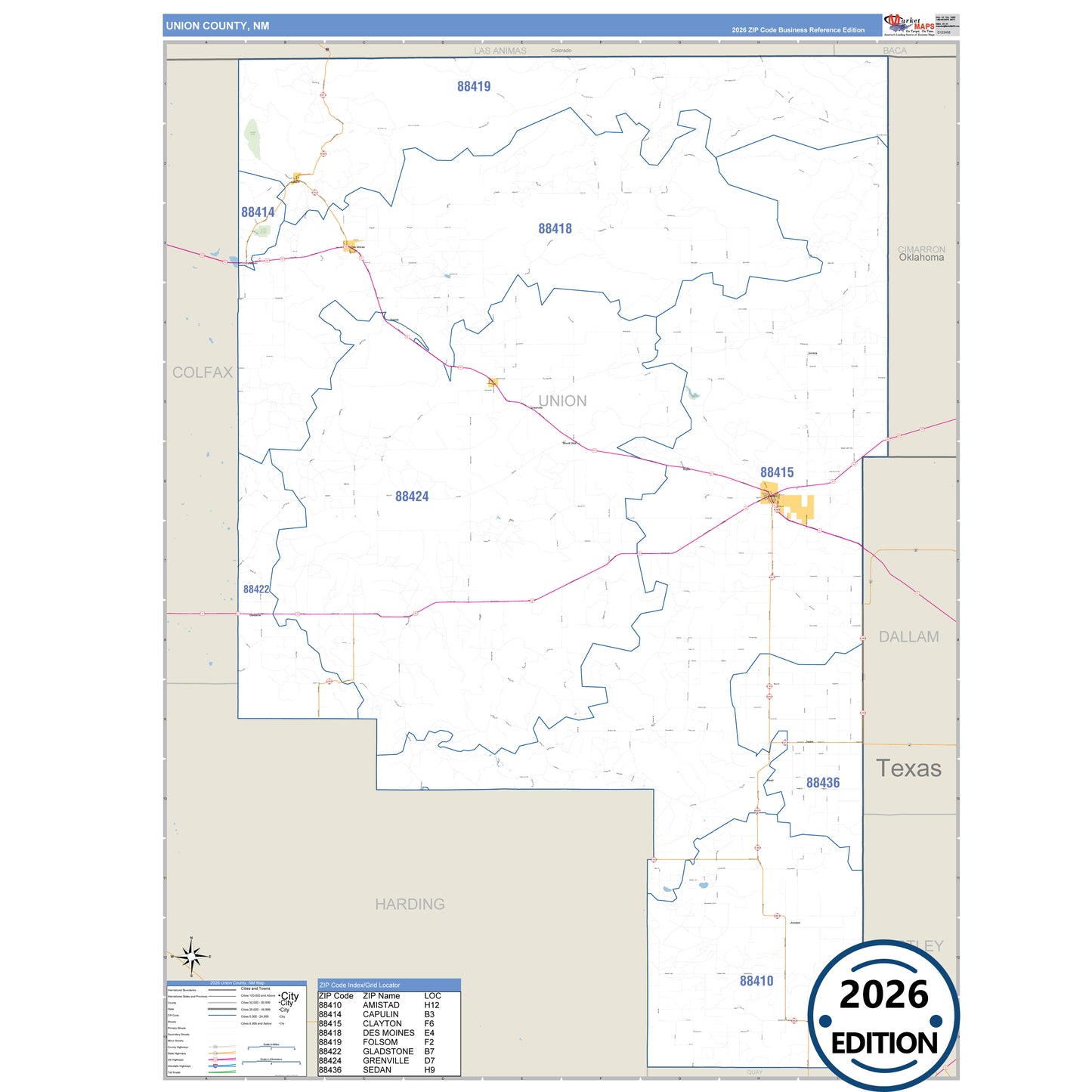 Union County, NM Business Reference 5 Digit ZIP Code Wall Map