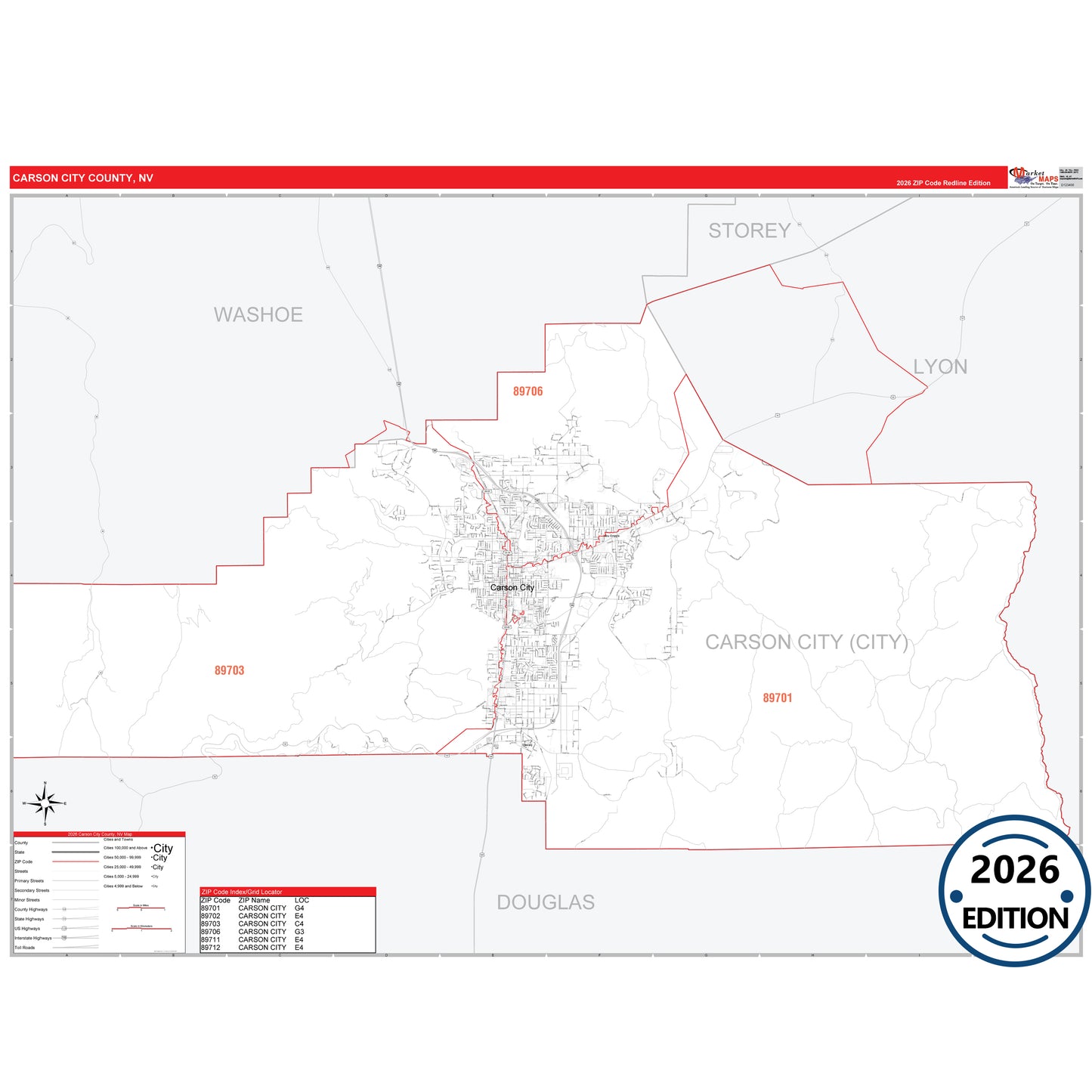 Carson City County, NV Red Line 5 Digit ZIP Code Wall Map