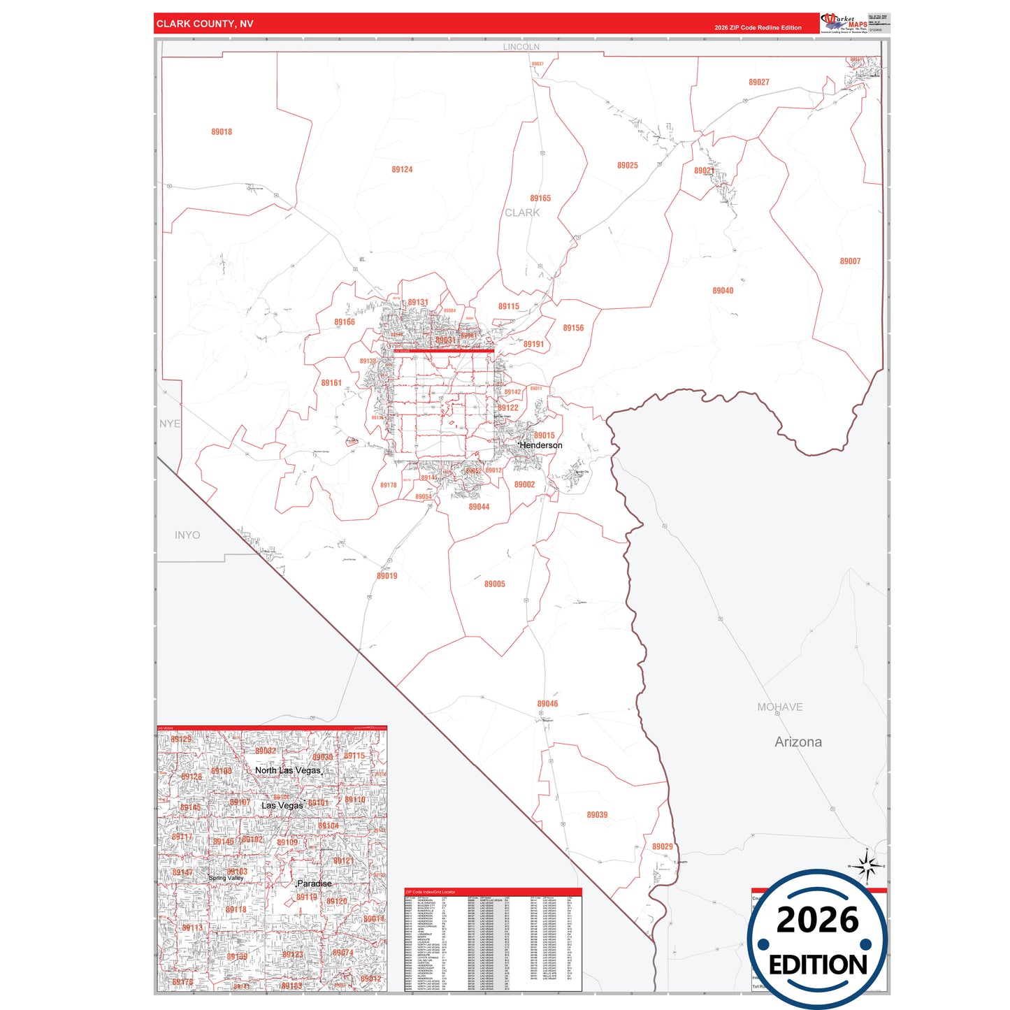 Clark County, NV Red Line 5 Digit ZIP Code Wall Map