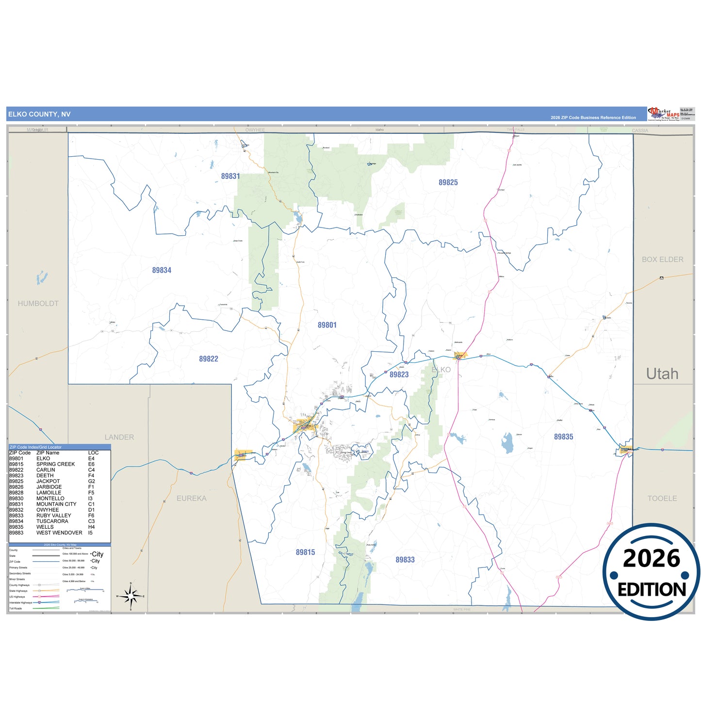 Elko County, NV Business Reference 5 Digit ZIP Code Wall Map