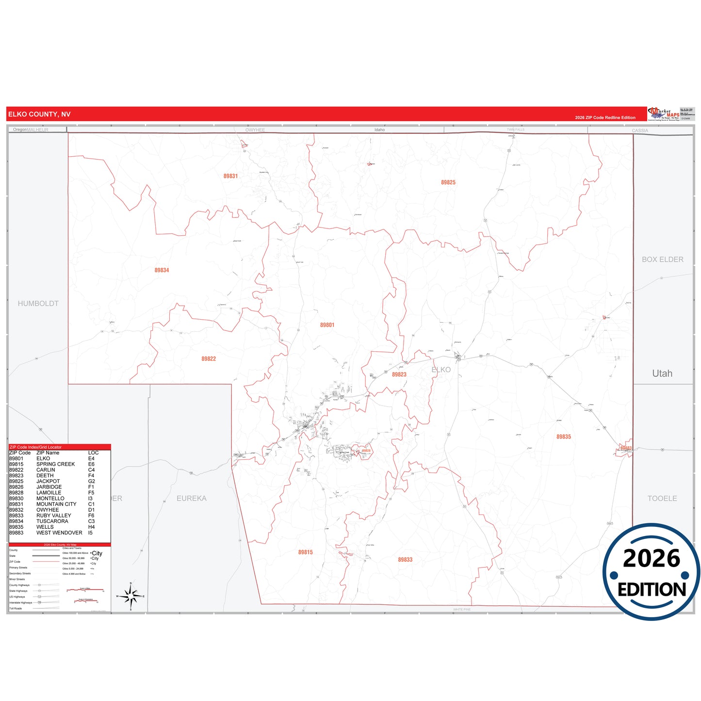 Elko County, NV Red Line 5 Digit ZIP Code Wall Map