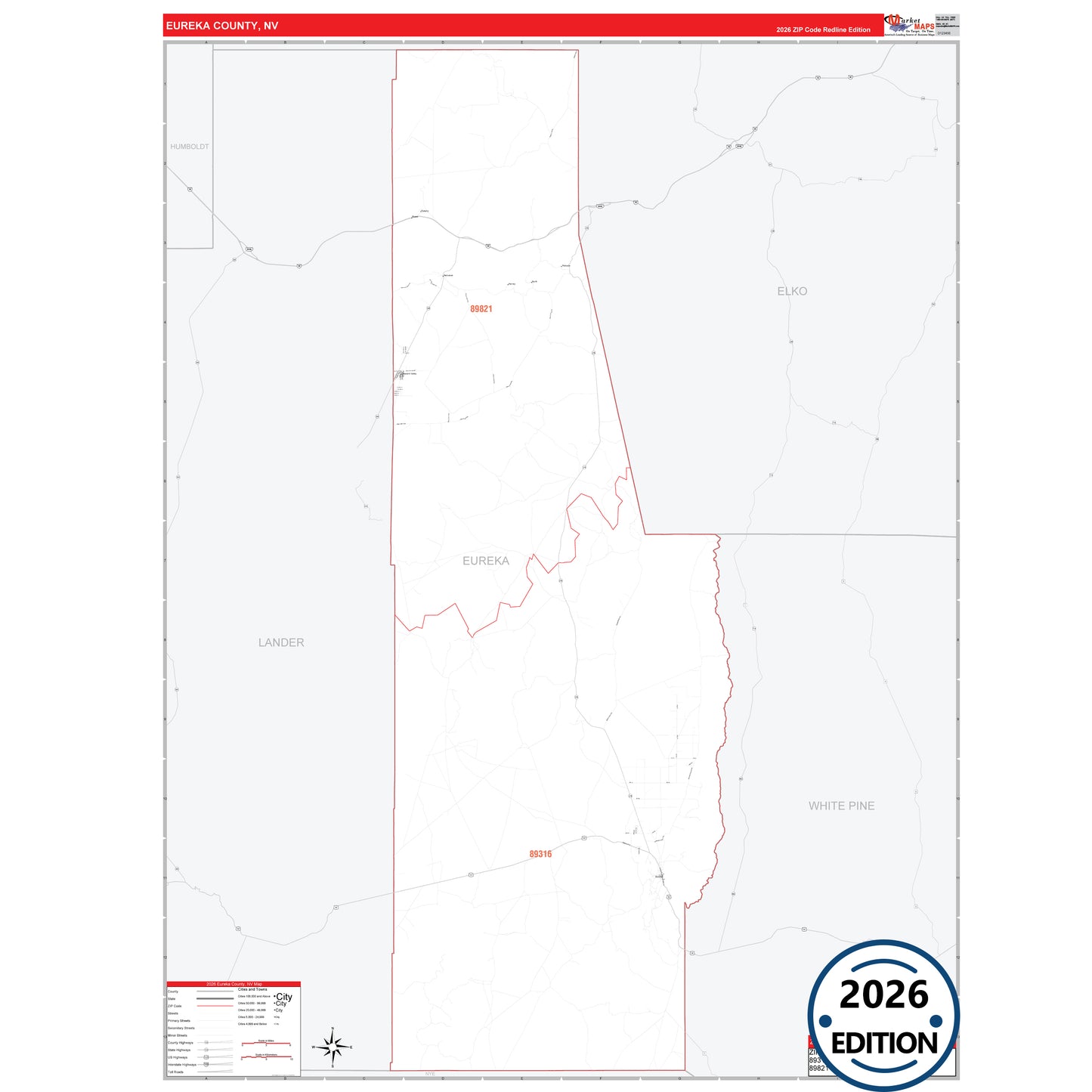 Eureka County, NV Red Line 5 Digit ZIP Code Wall Map