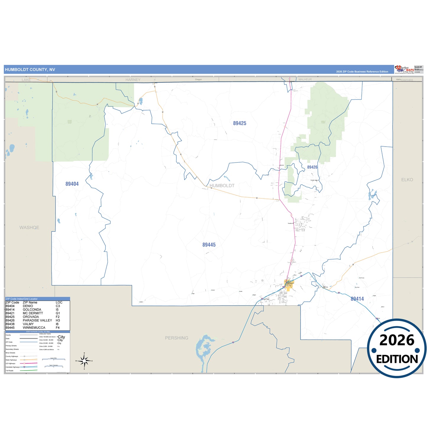 Humboldt County, NV Business Reference 5 Digit ZIP Code Wall Map