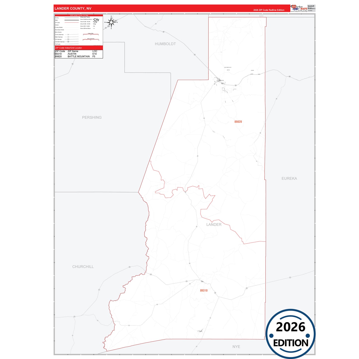 Lander County, NV Red Line 5 Digit ZIP Code Wall Map