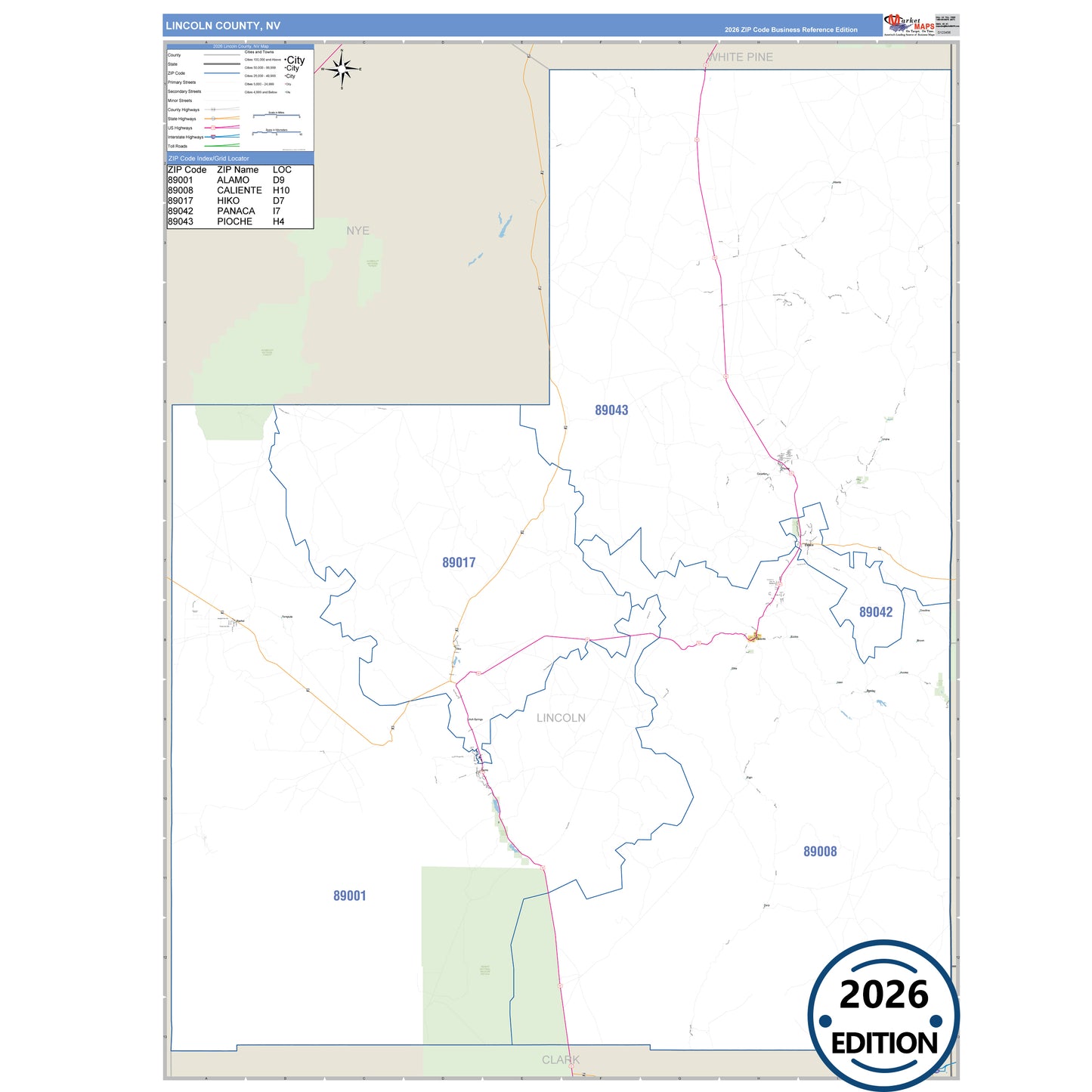 Lincoln County, NV Business Reference 5 Digit ZIP Code Wall Map