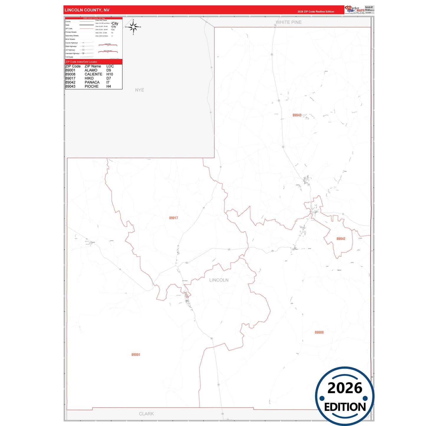 Lincoln County, NV Red Line 5 Digit ZIP Code Wall Map