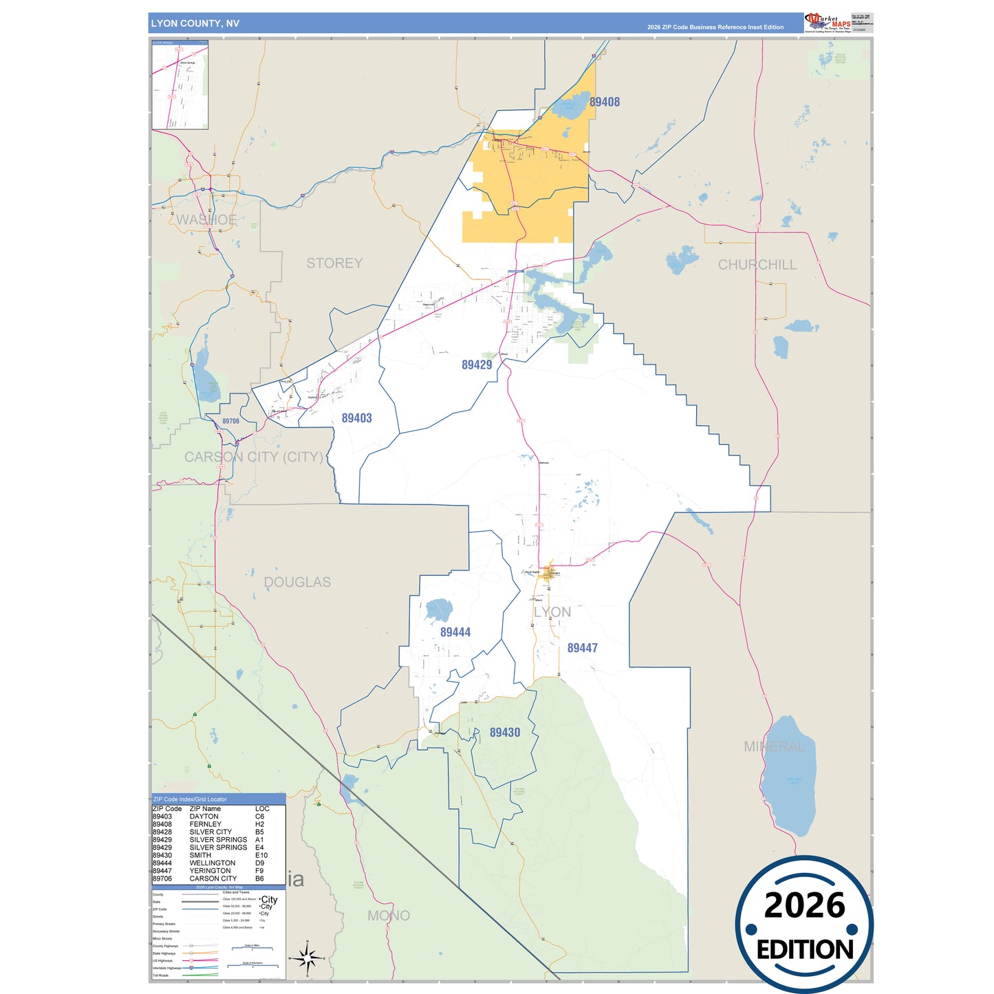 Lyon County, NV Business Reference 5 Digit ZIP Code Wall Map