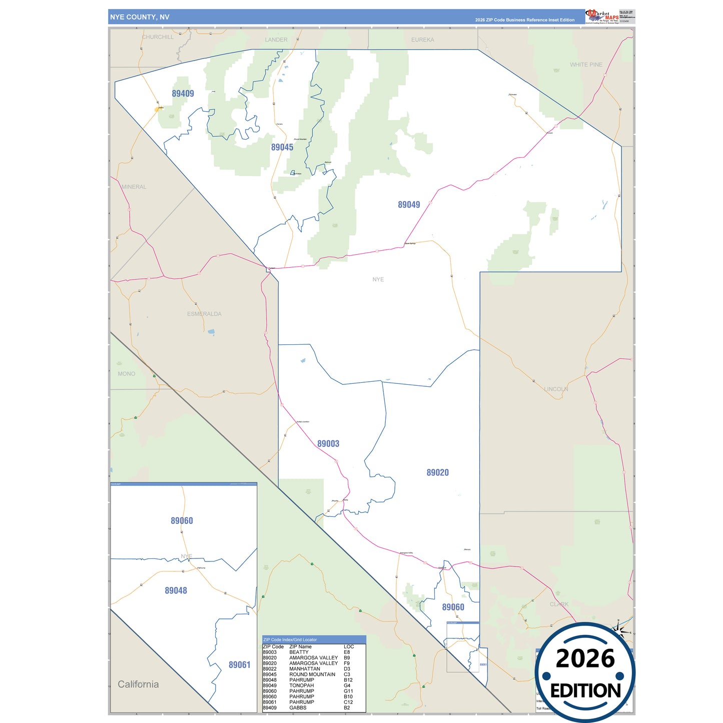 Nye County, NV Business Reference 5 Digit ZIP Code Wall Map