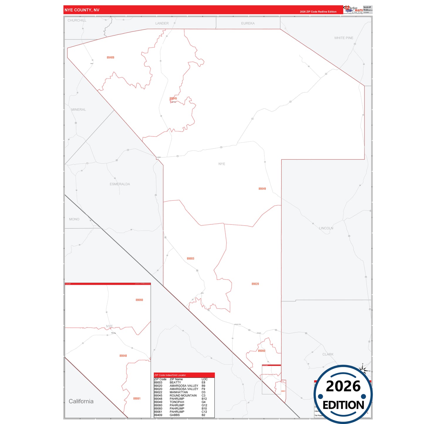 Nye County, NV Red Line 5 Digit ZIP Code Wall Map