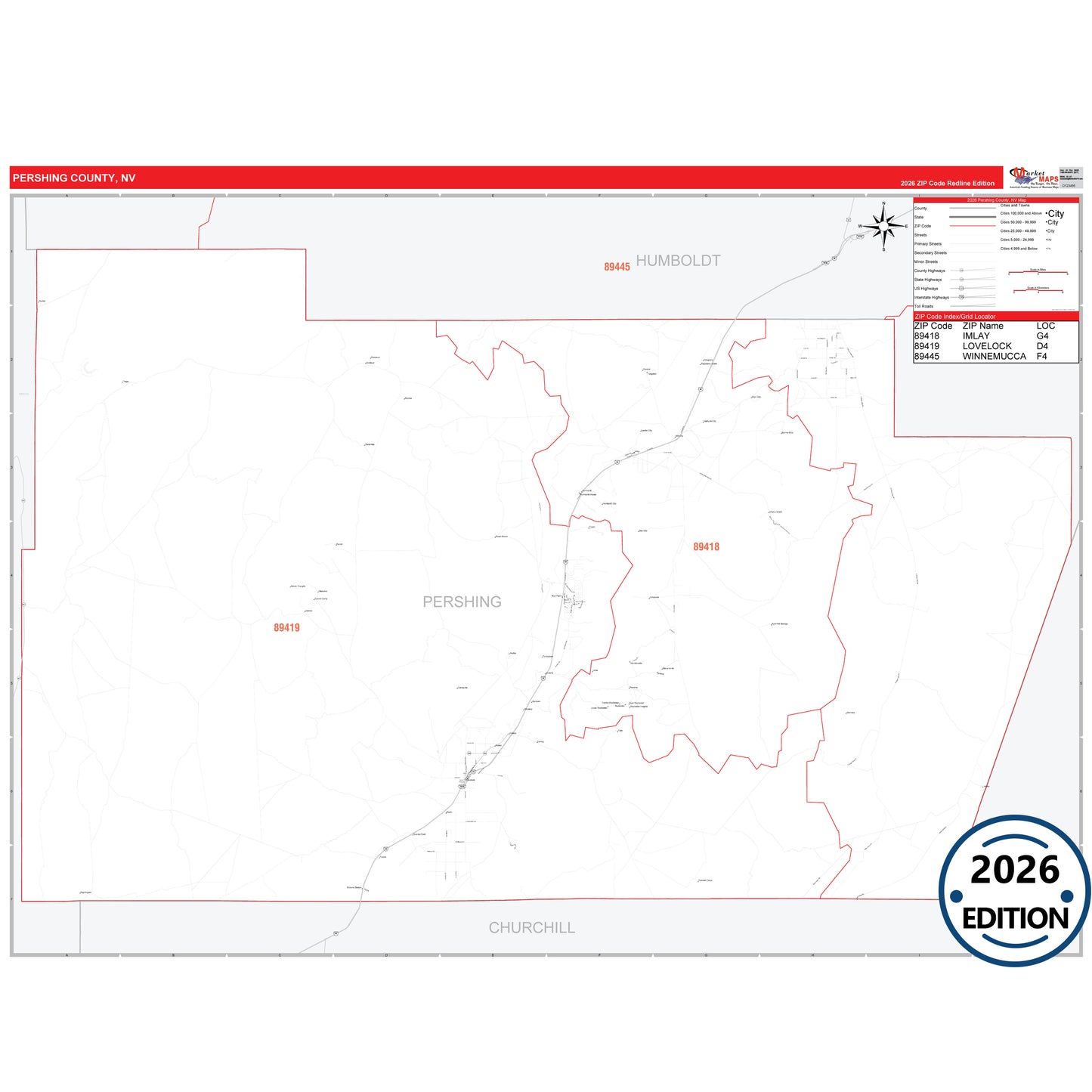Pershing County, NV Red Line 5 Digit ZIP Code Wall Map