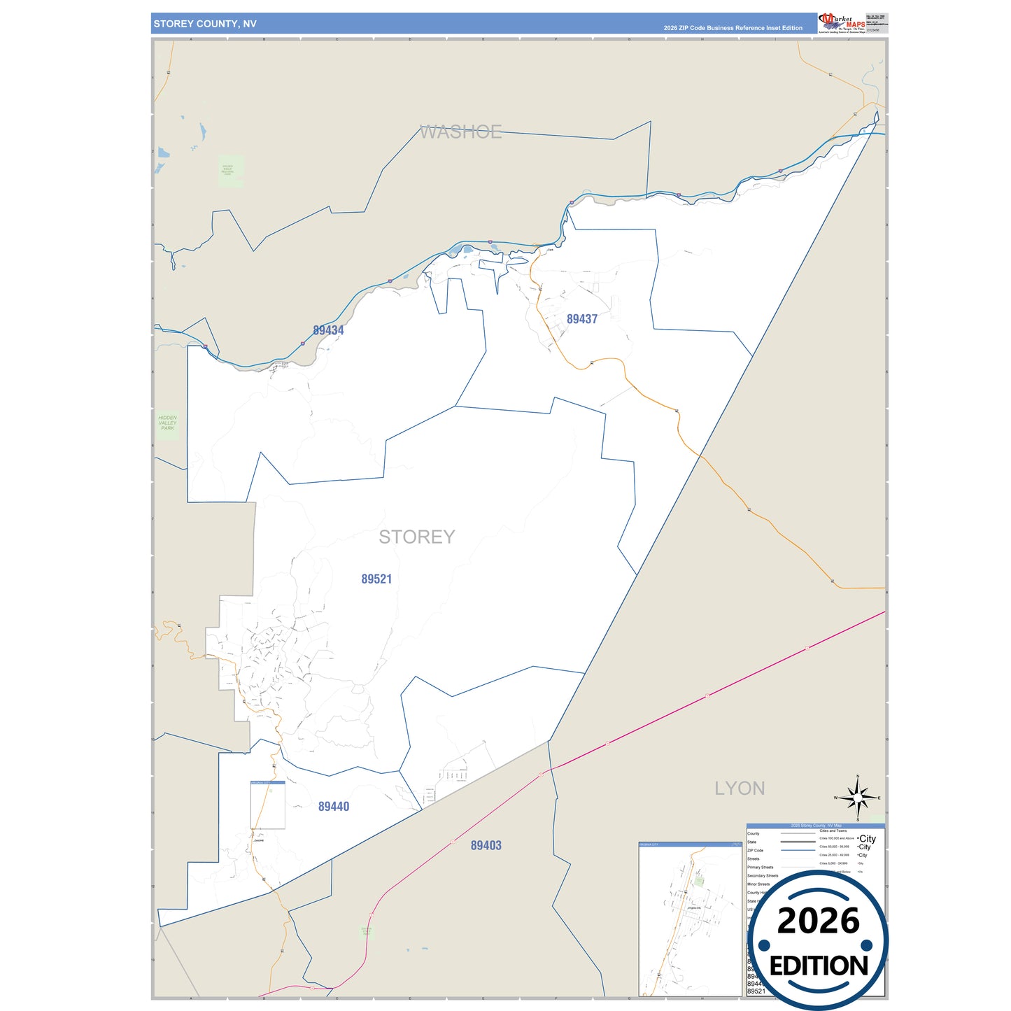 Storey County, NV Business Reference 5 Digit ZIP Code Wall Map