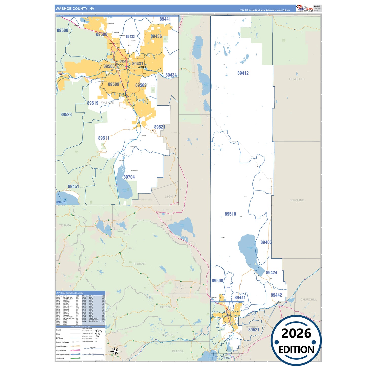 Washoe County, NV Business Reference 5 Digit ZIP Code Wall Map