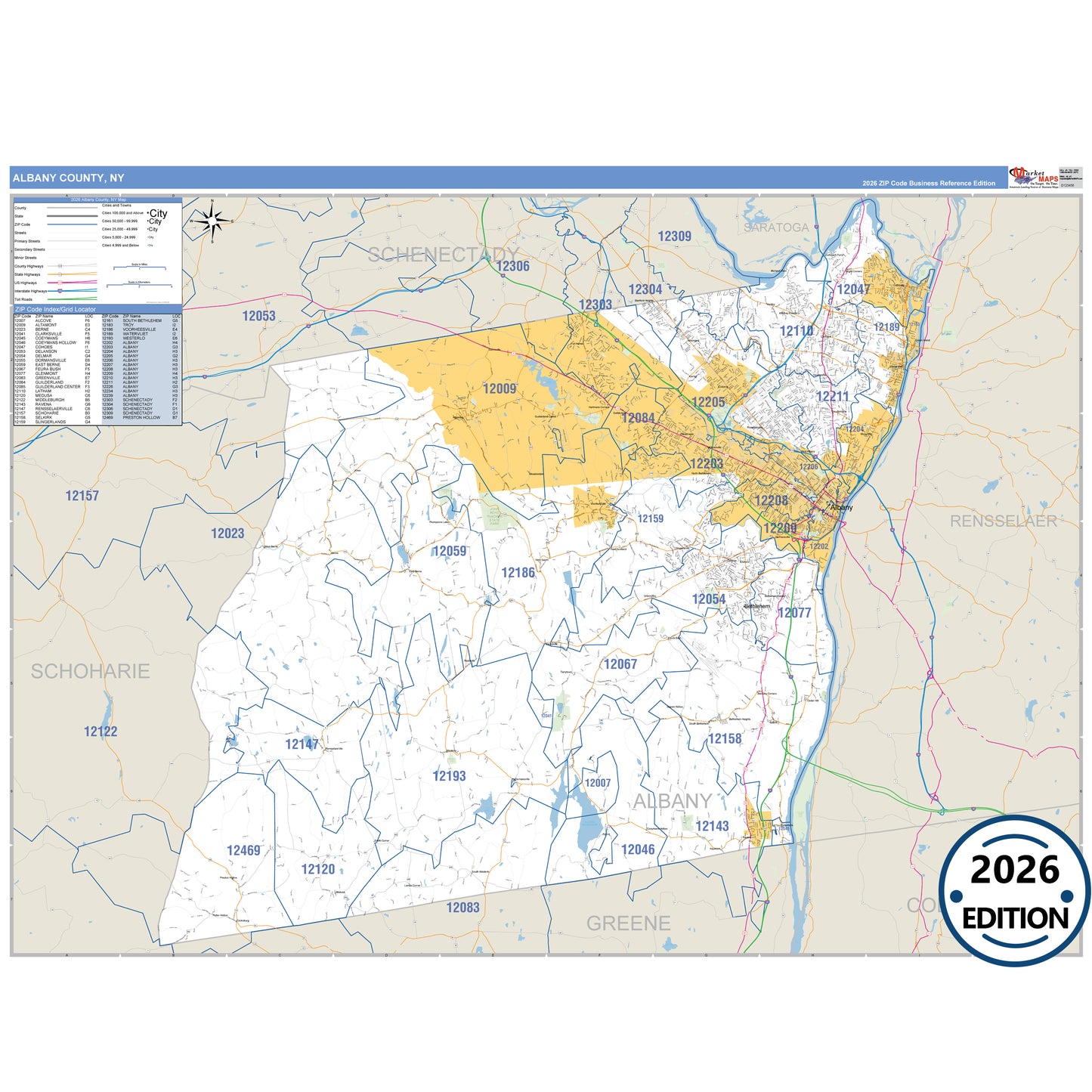 Albany County, NY Business Reference 5 Digit ZIP Code Wall Map