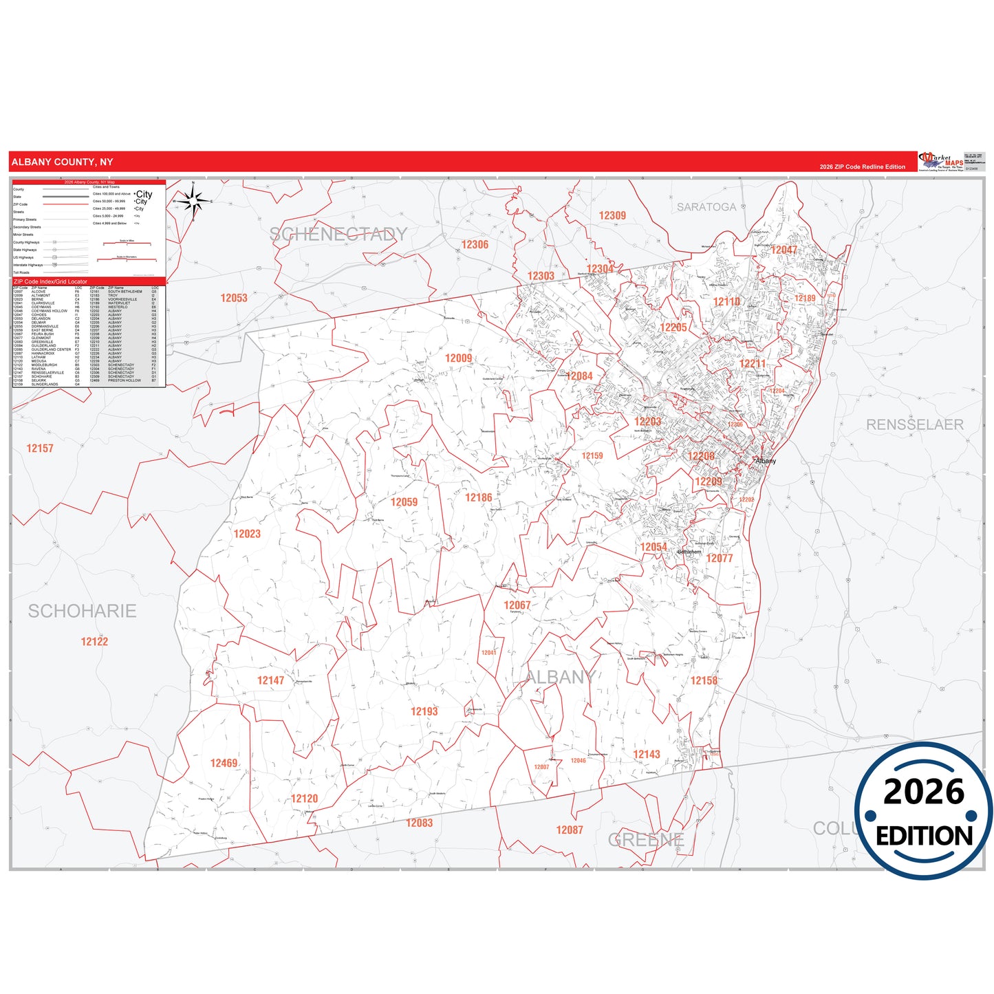 Albany County, NY Red Line 5 Digit ZIP Code Wall Map