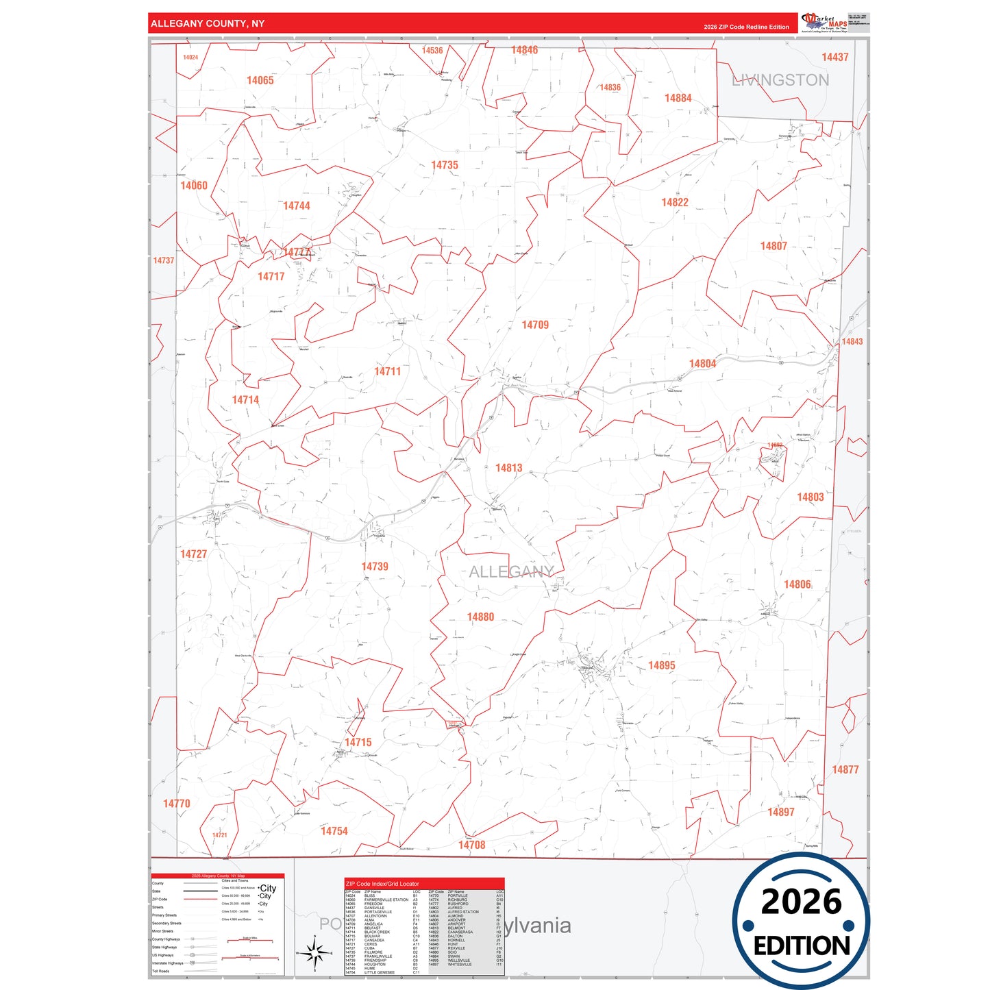 Allegany County, NY Red Line 5 Digit ZIP Code Wall Map