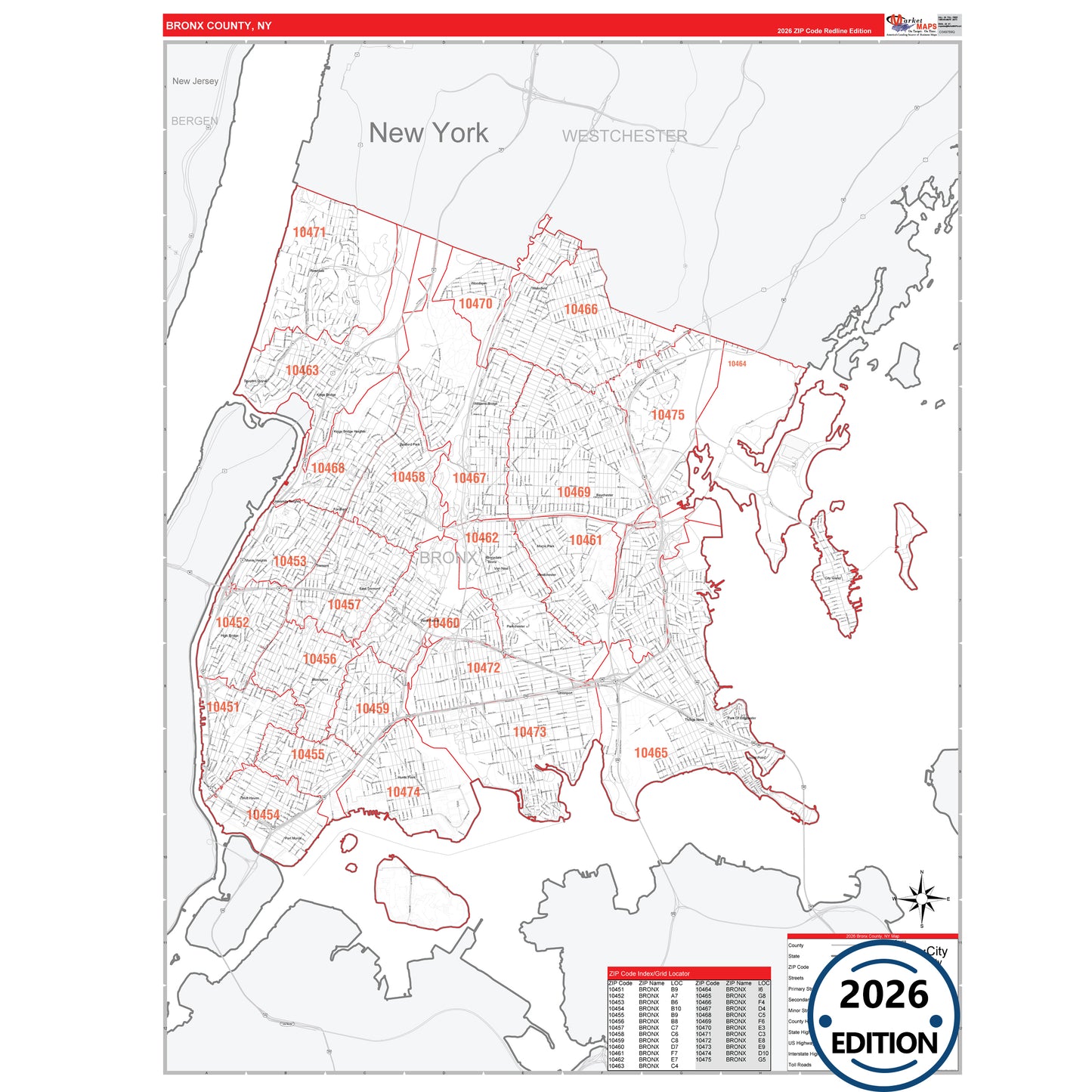 Bronx County, NY Red Line 5 Digit ZIP Code Wall Map