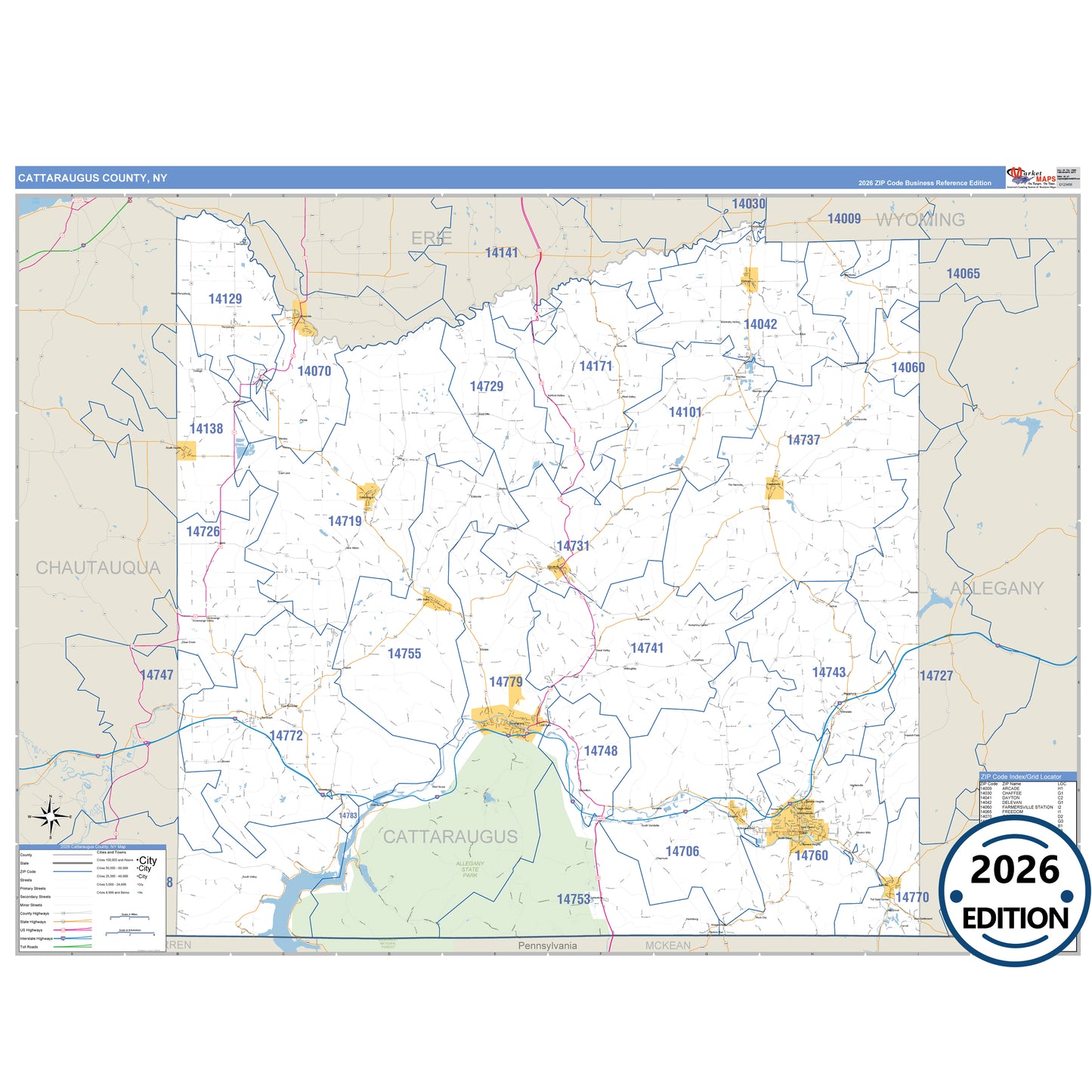 Cattaraugus County, NY Business Reference 5 Digit ZIP Code Wall Map