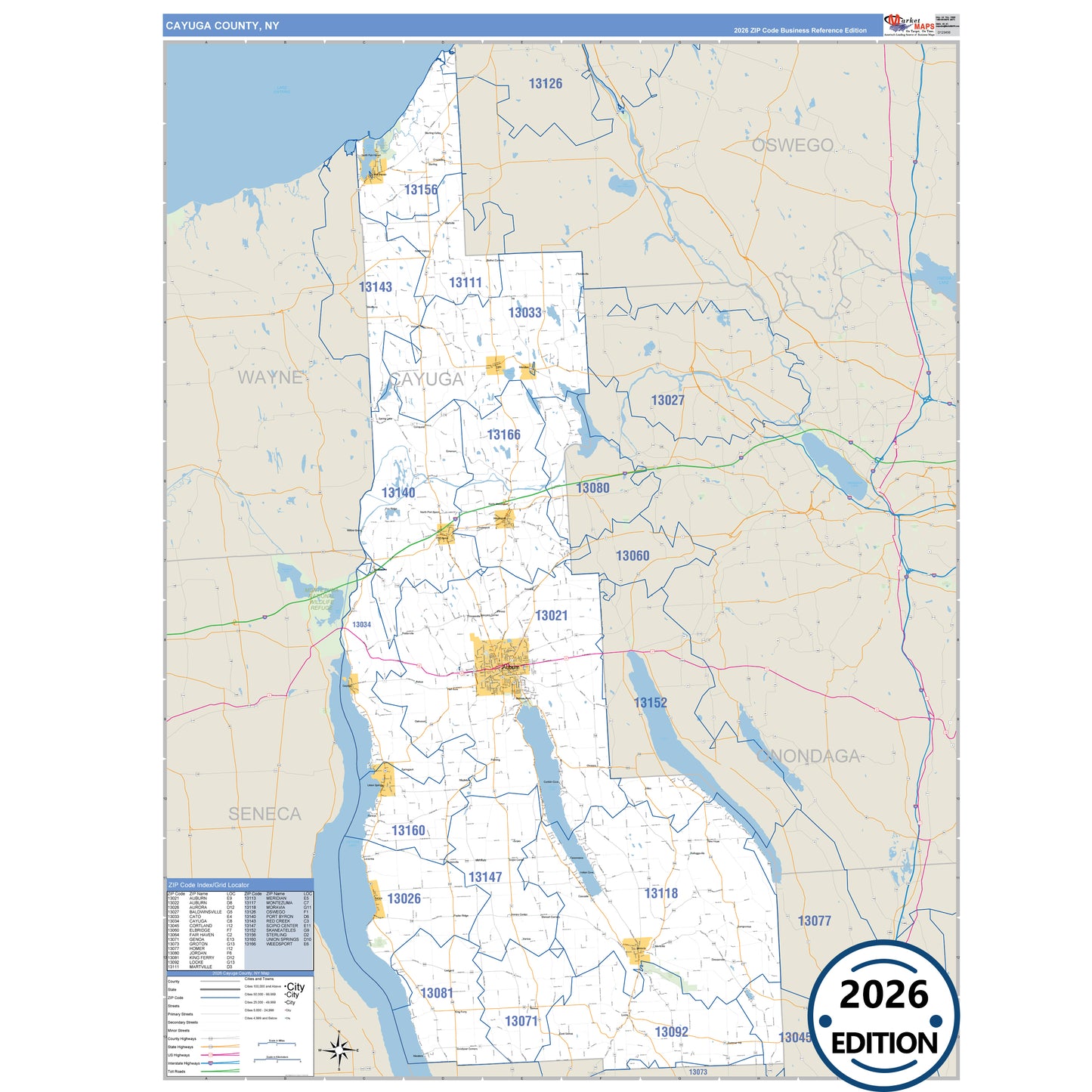 Cayuga County, NY Business Reference 5 Digit ZIP Code Wall Map