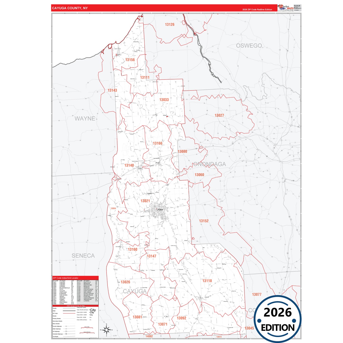 Cayuga County, NY Red Line 5 Digit ZIP Code Wall Map