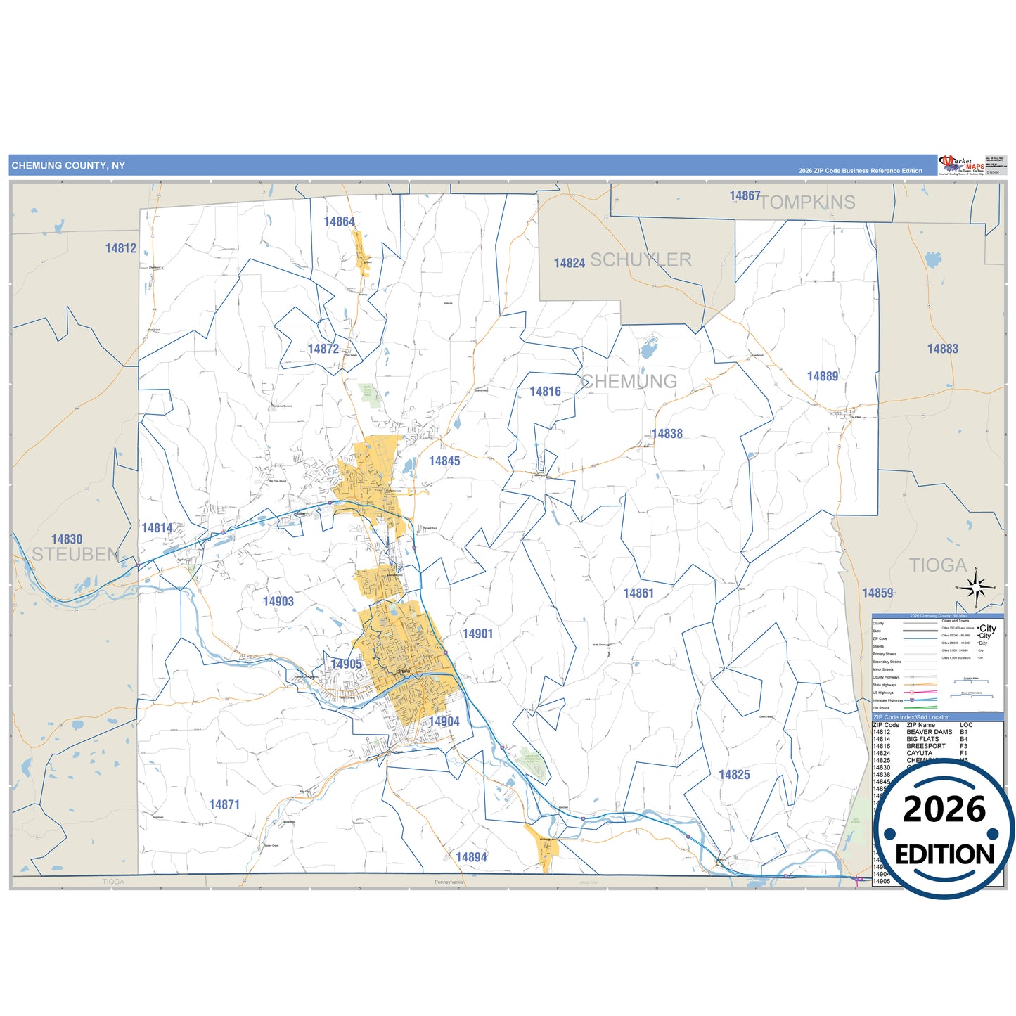 Chemung County, NY Business Reference 5 Digit ZIP Code Wall Map