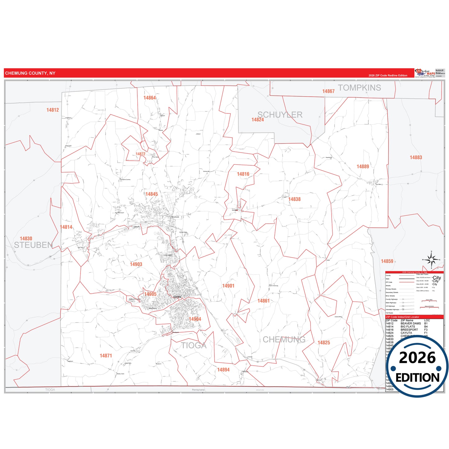 Chemung County, NY Red Line 5 Digit ZIP Code Wall Map