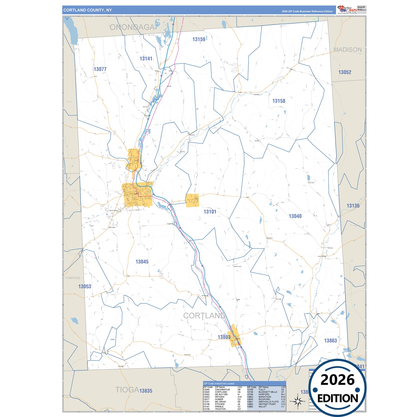 Cortland County, NY Business Reference 5 Digit ZIP Code Wall Map