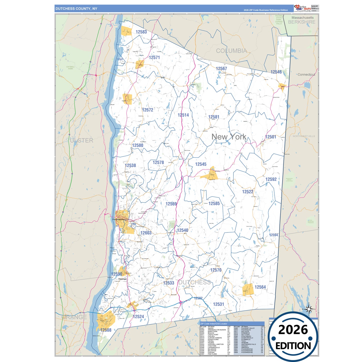 Dutchess County, NY Business Reference 5 Digit ZIP Code Wall Map