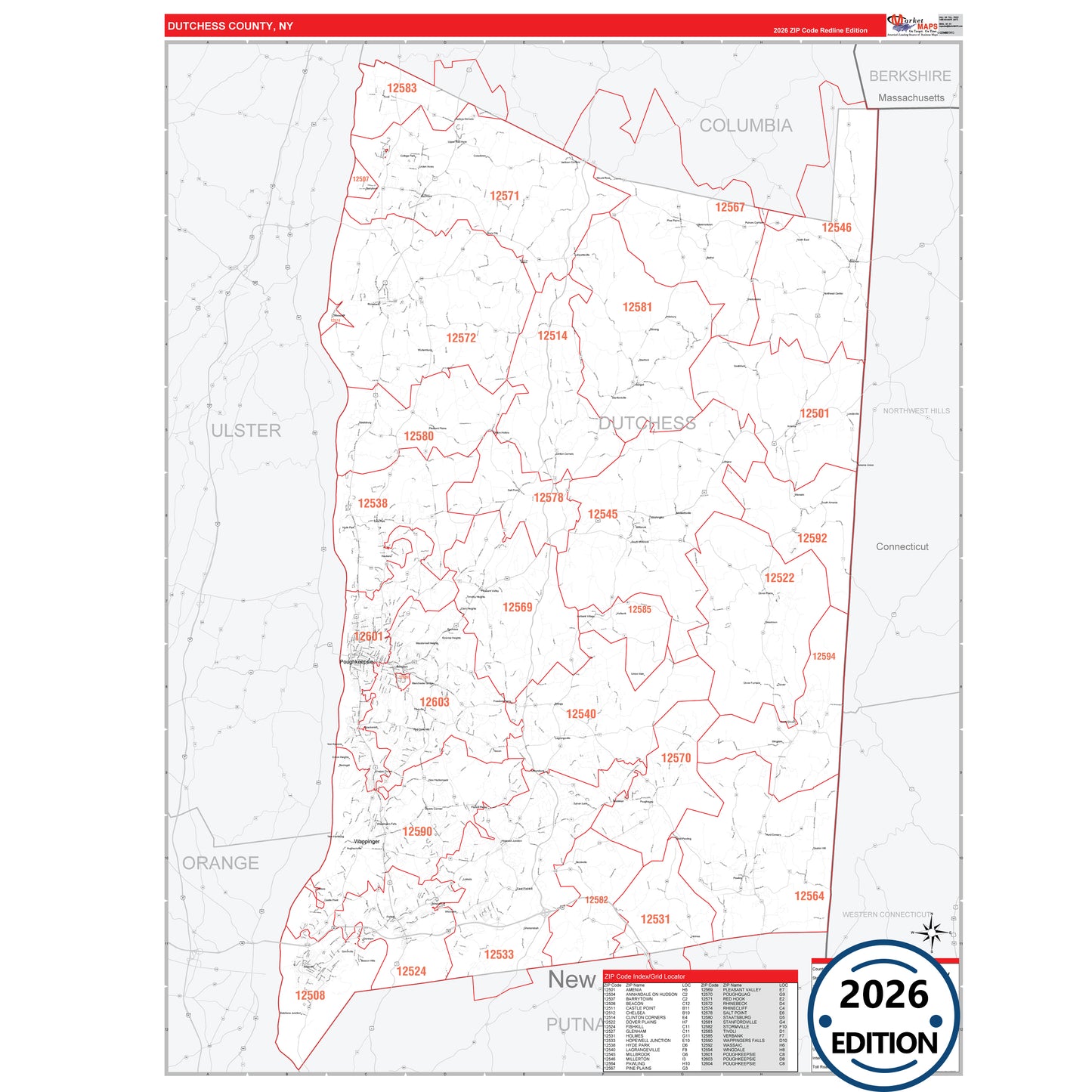 Dutchess County, NY Red Line 5 Digit ZIP Code Wall Map