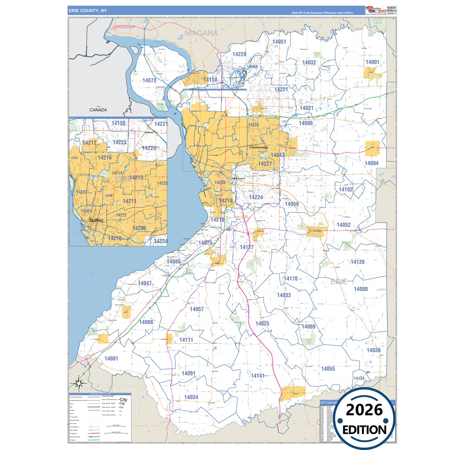 Erie County, NY Business Reference 5 Digit ZIP Code Wall Map