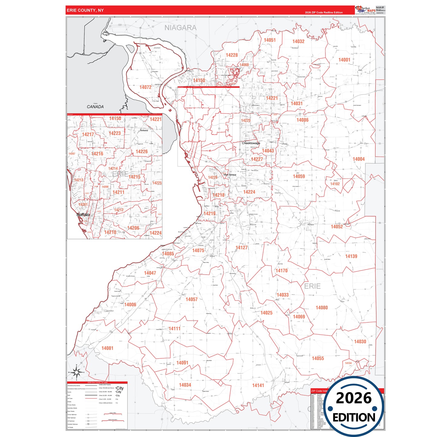 Erie County, NY Red Line 5 Digit ZIP Code Wall Map