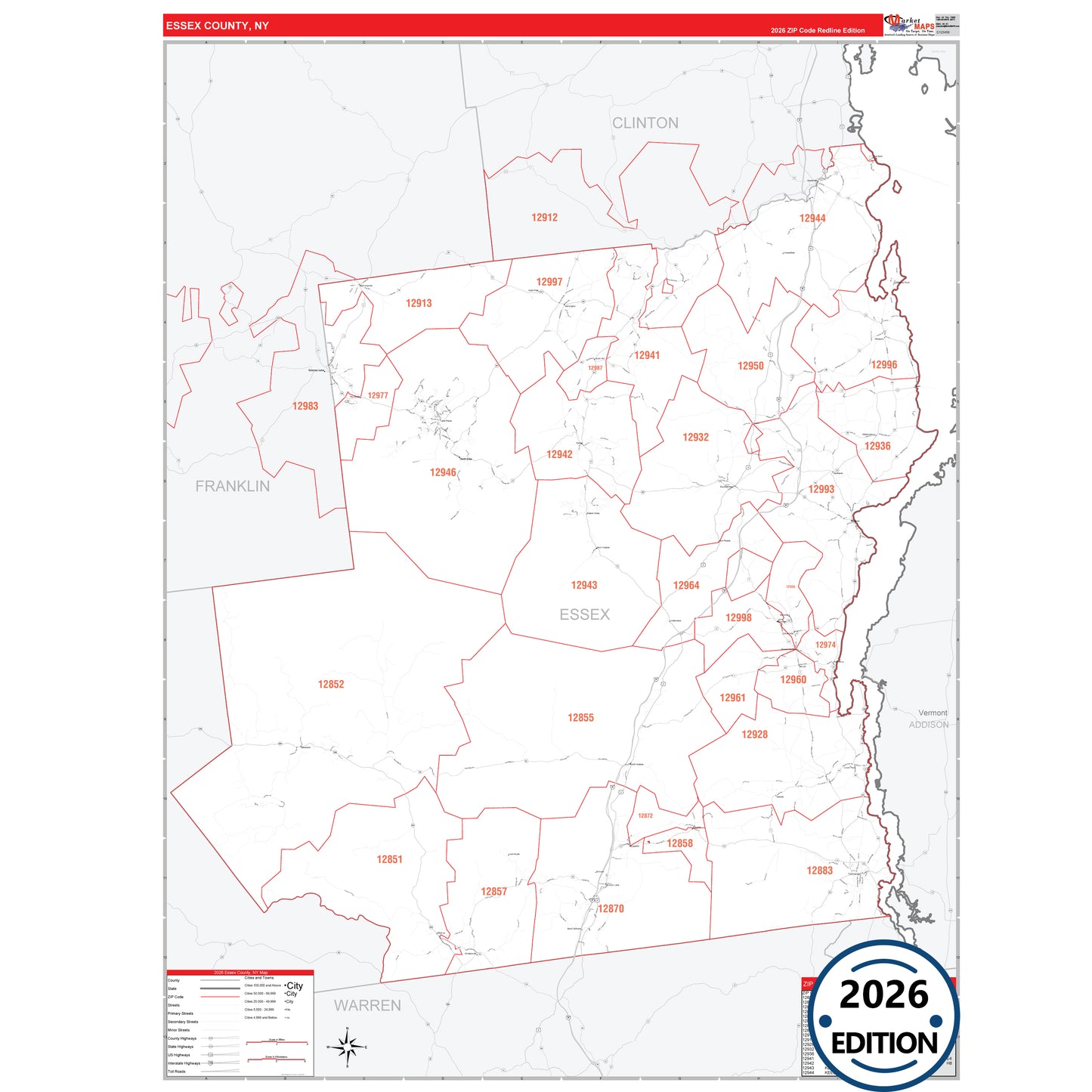 Essex County, NY Red Line 5 Digit ZIP Code Wall Map