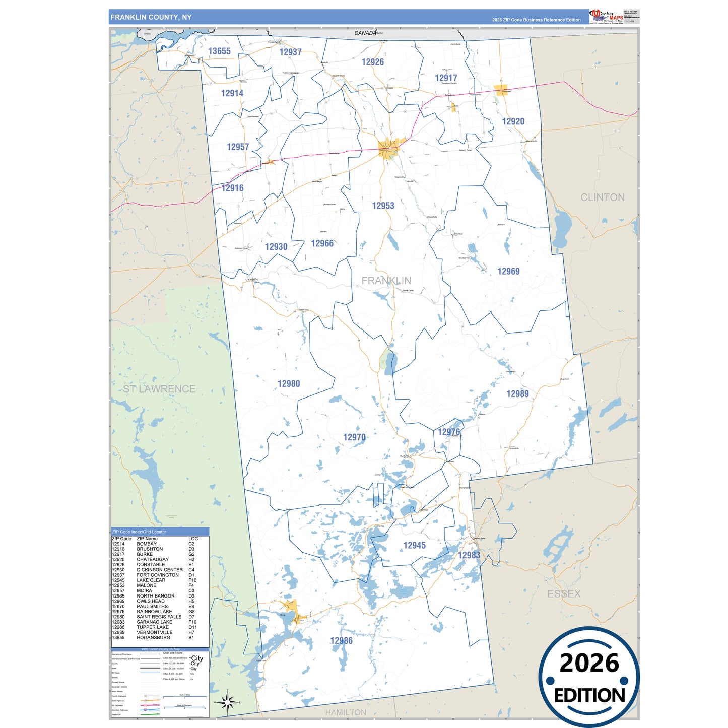 Franklin County, NY Business Reference map with detailed roads, cities, and ZIP code boundaries.