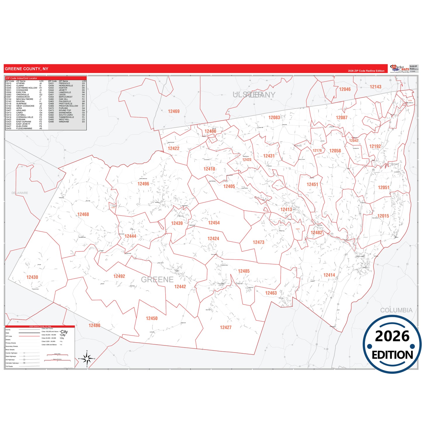 Greene County, NY Red Line 5 Digit ZIP Code Wall Map