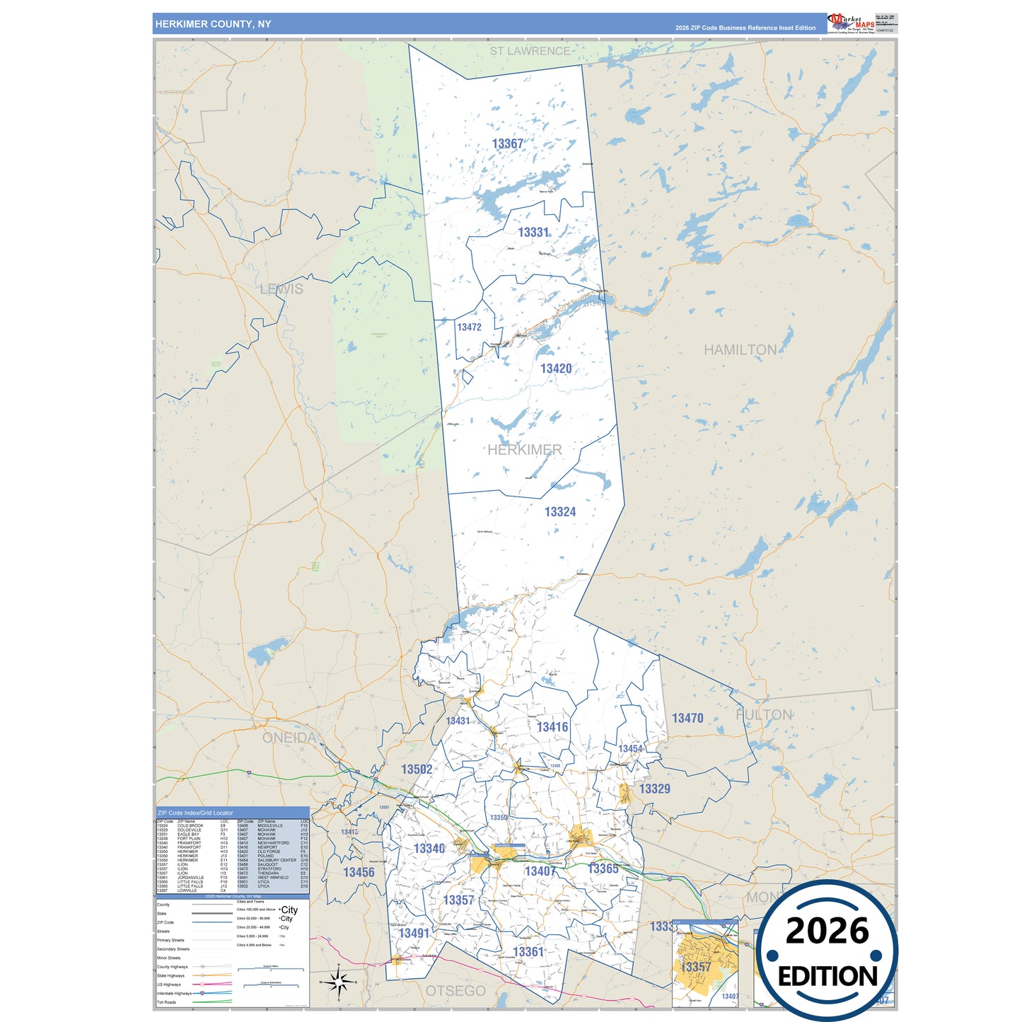 Herkimer County, NY Business Reference 5 Digit ZIP Code Wall Map