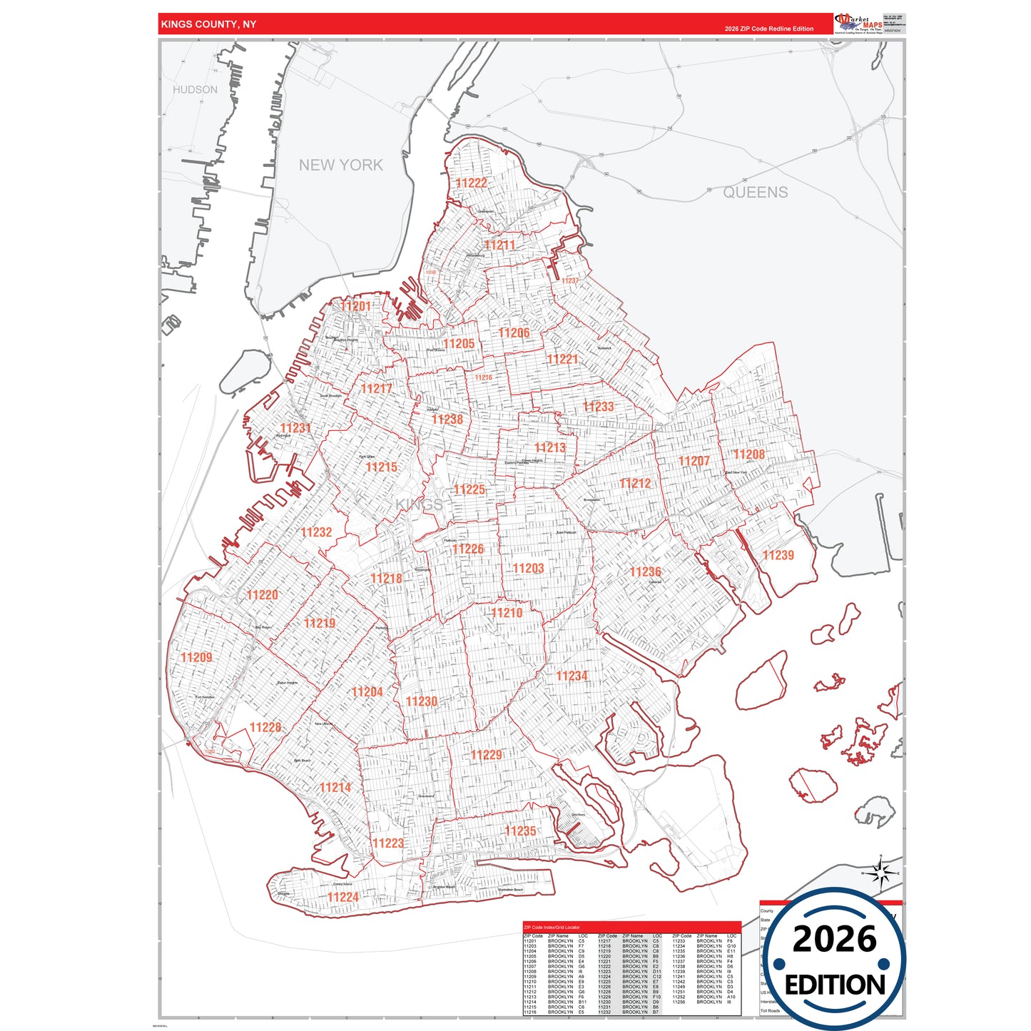 Kings County, NY Red Line 5 Digit ZIP Code Wall Map