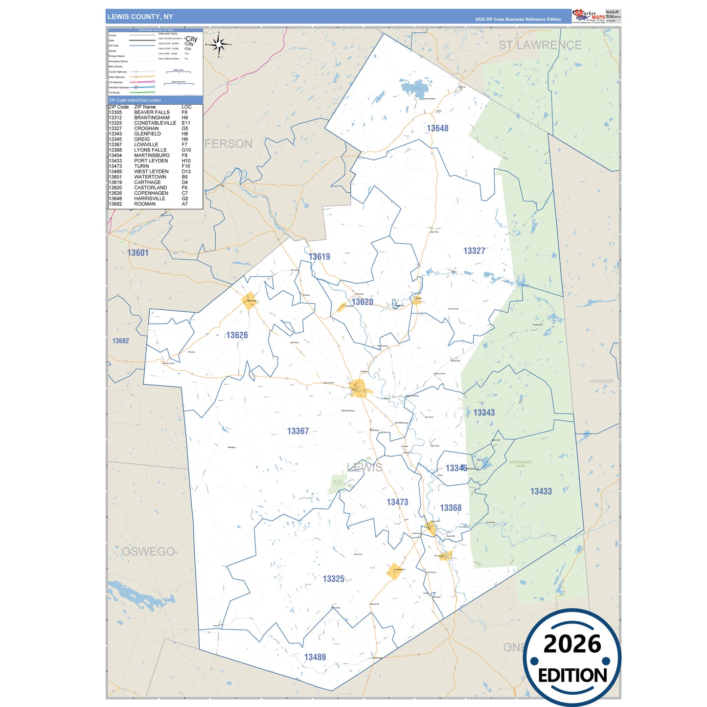 Lewis County, NY Business Reference 5 Digit ZIP Code Wall Map