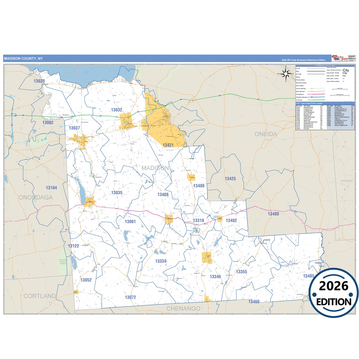 Madison County, NY Business Reference 5 Digit ZIP Code Wall Map