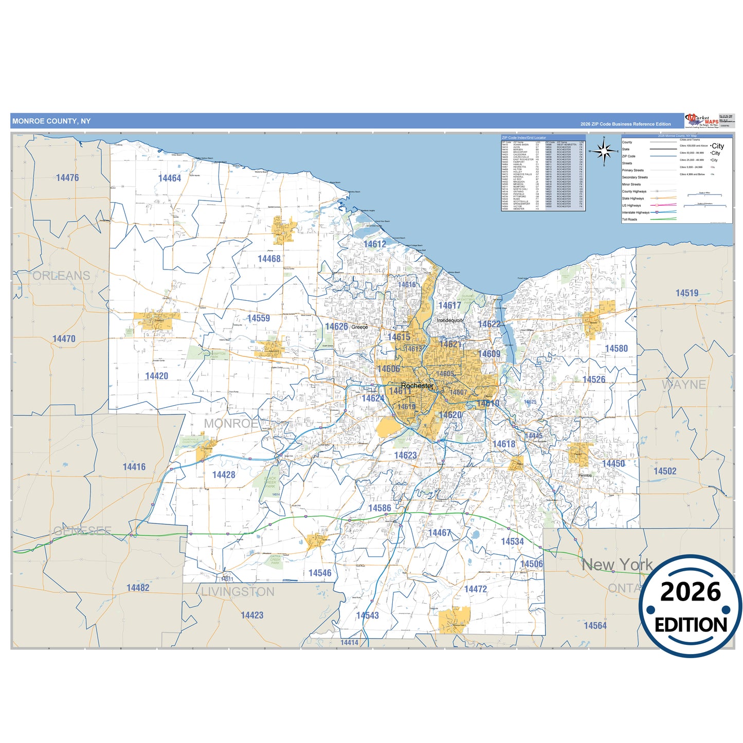 Monroe County, NY Business Reference 5 Digit ZIP Code Wall Map