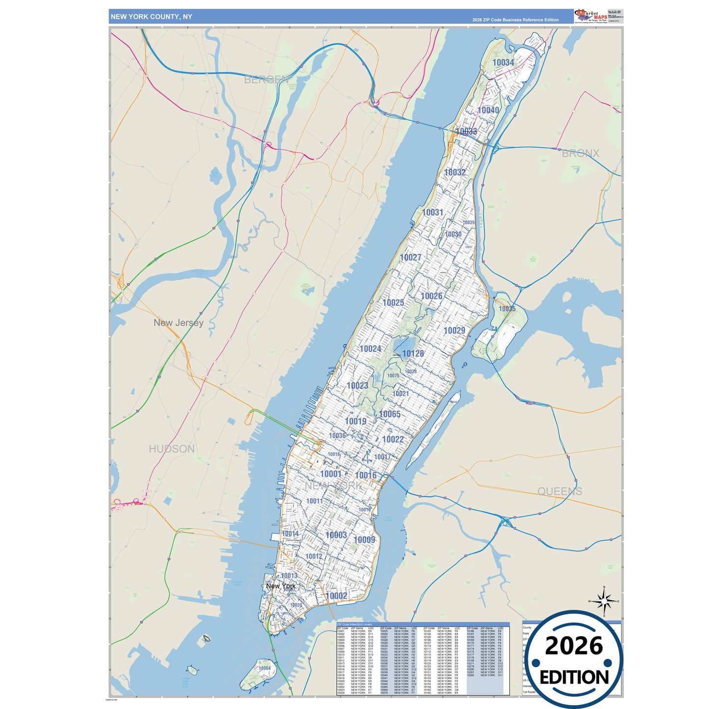 New York County, NY Business Reference 5 Digit ZIP Code Wall Map