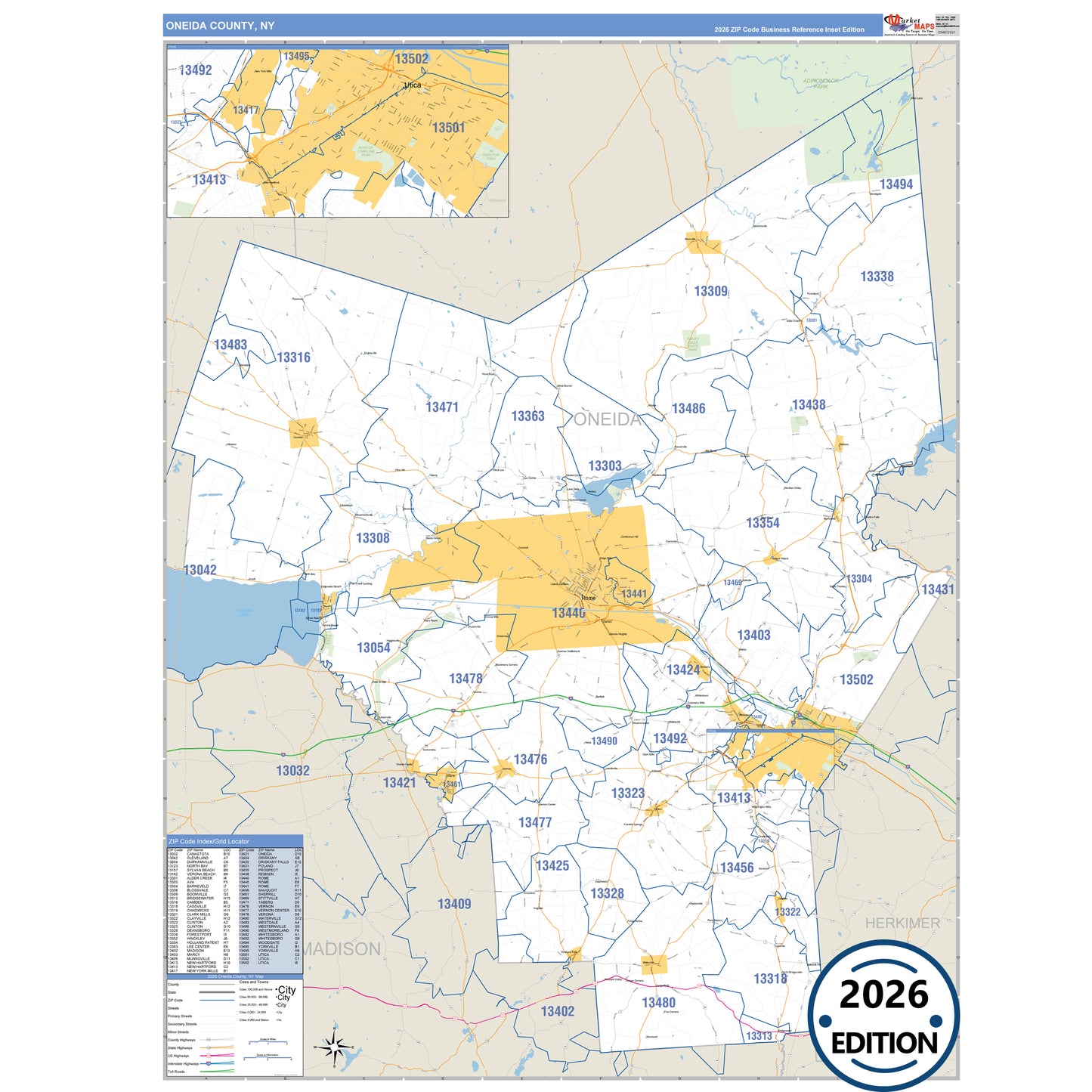 Oneida County, NY Business Reference 5 Digit ZIP Code Wall Map